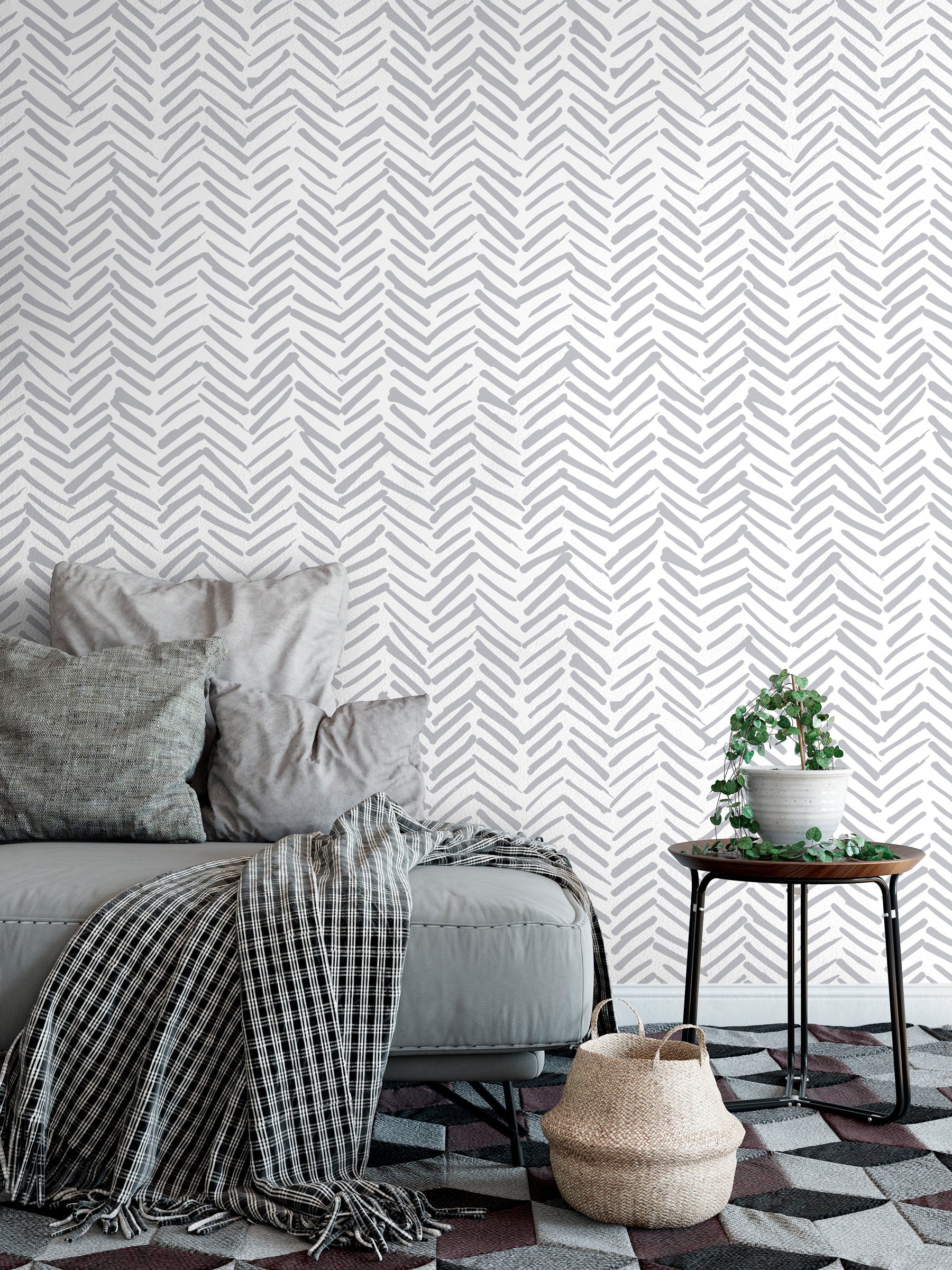 Herringbone Wallpaper With A Hand-drawn Motif In Grey - A408