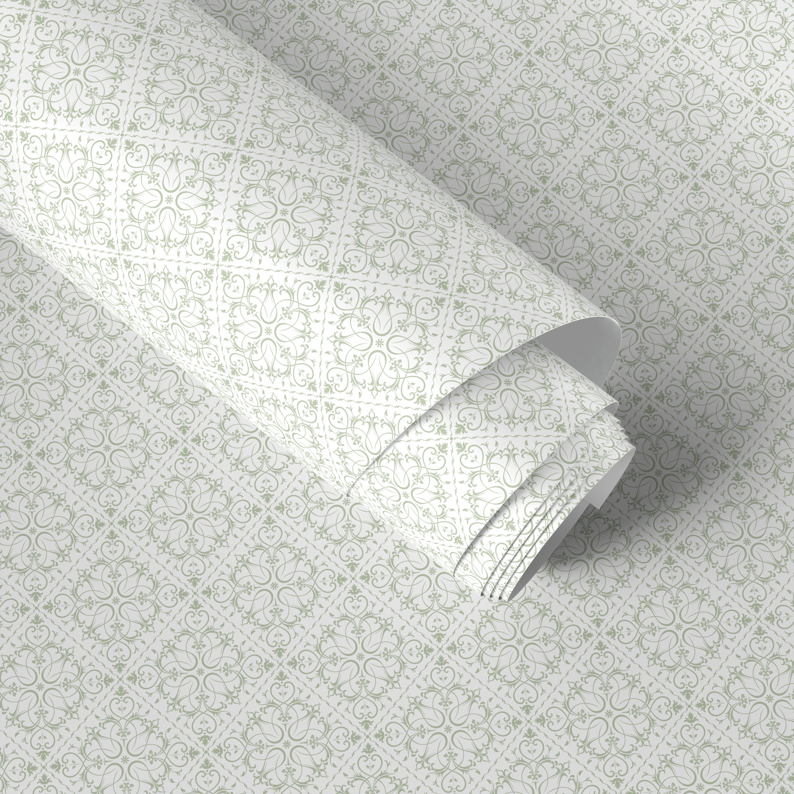 Tile Wallpaper With An Intricate Filigree Motif In Light Green - A413