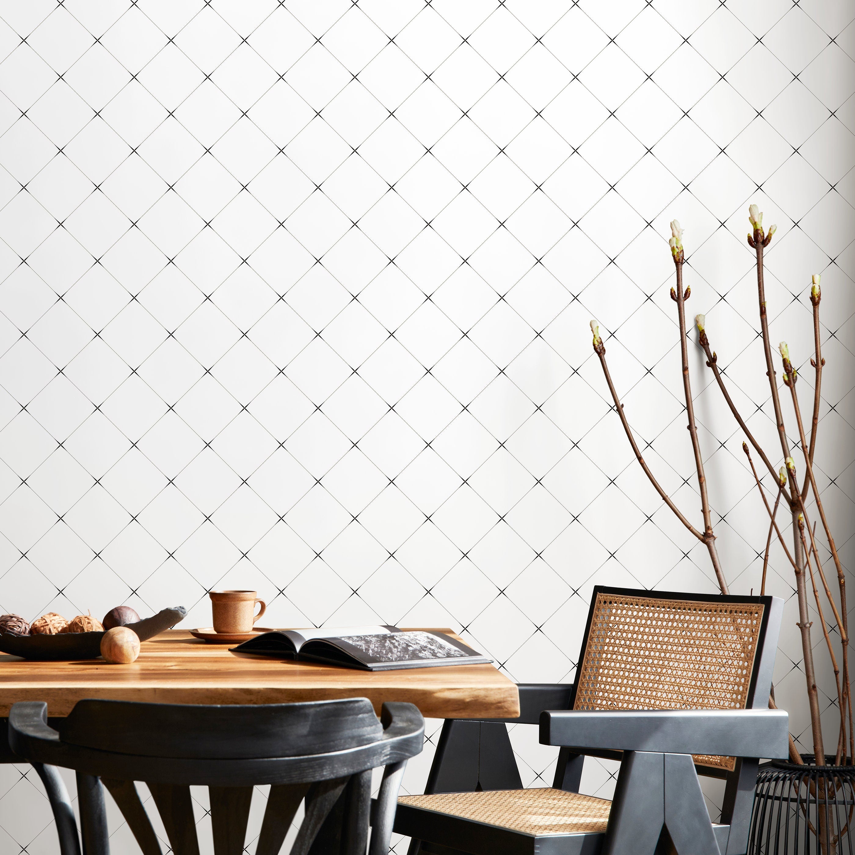 Minimalist Wallpaper With A Geometric Diamond Grid In Black - A415