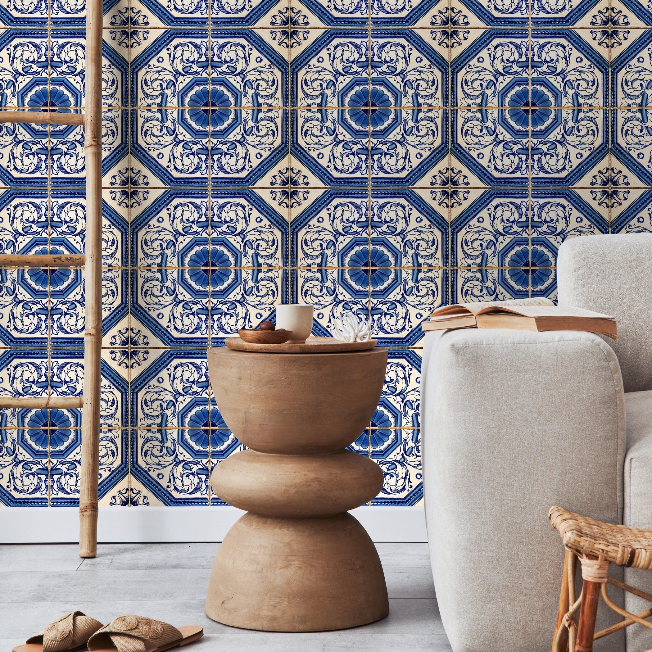 Tile Wallpaper Inspired By Portuguese Azulejos In Blue And Cream - A417
