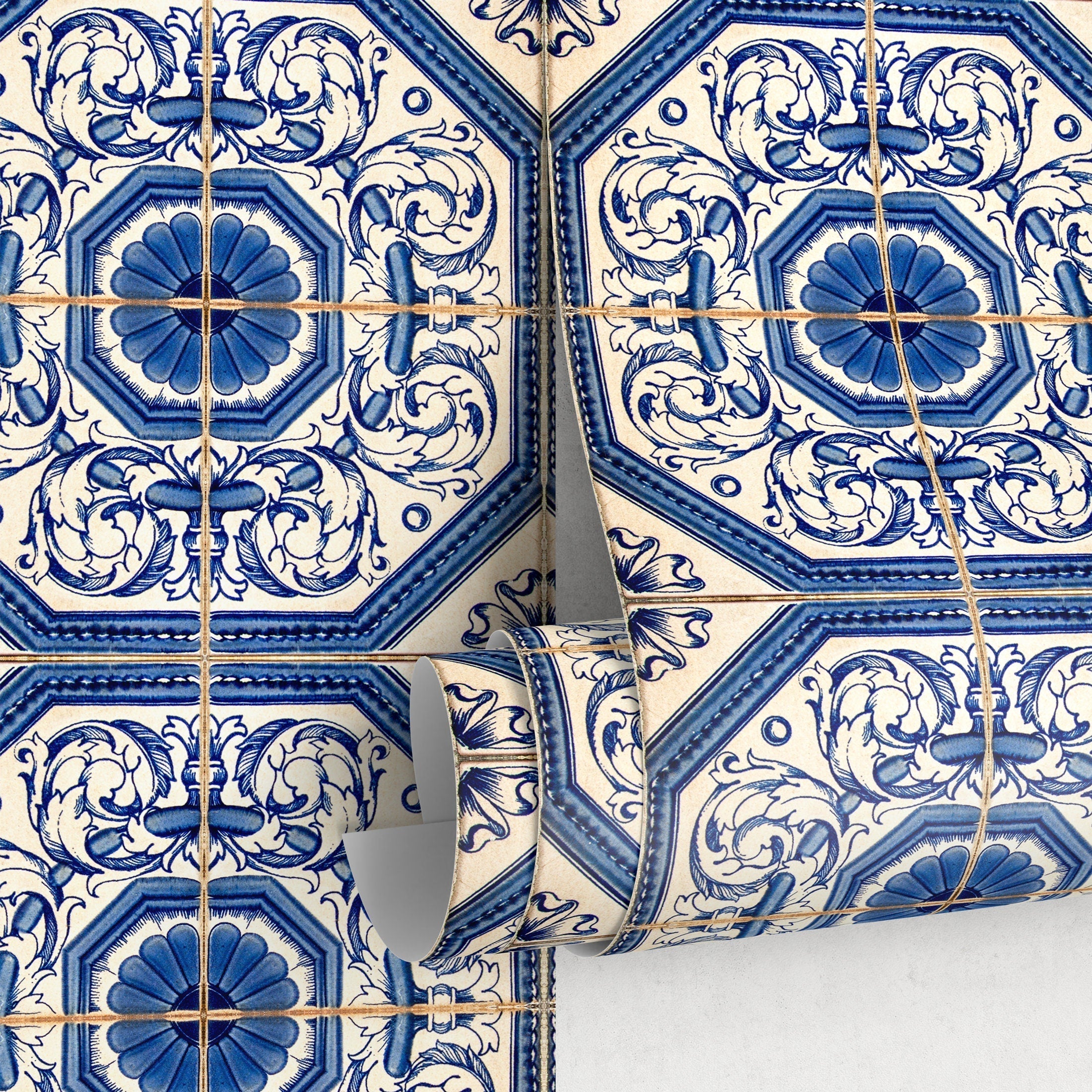 Tile Wallpaper Inspired By Portuguese Azulejos In Blue And Cream - A417