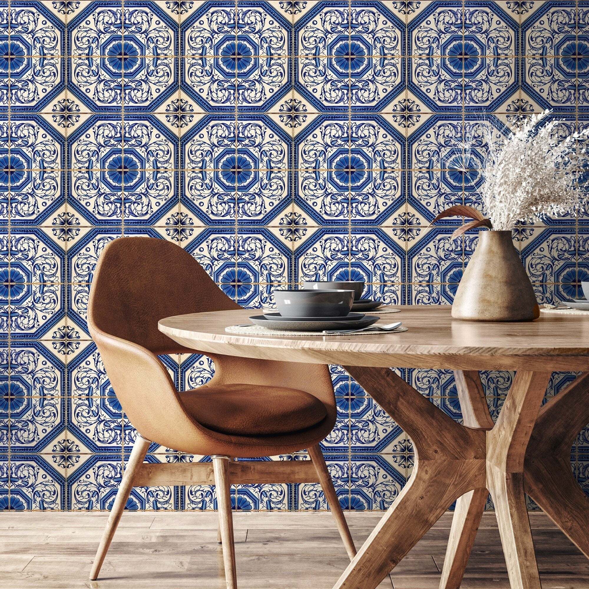 Tile Wallpaper Inspired By Portuguese Azulejos In Blue And Cream - A417