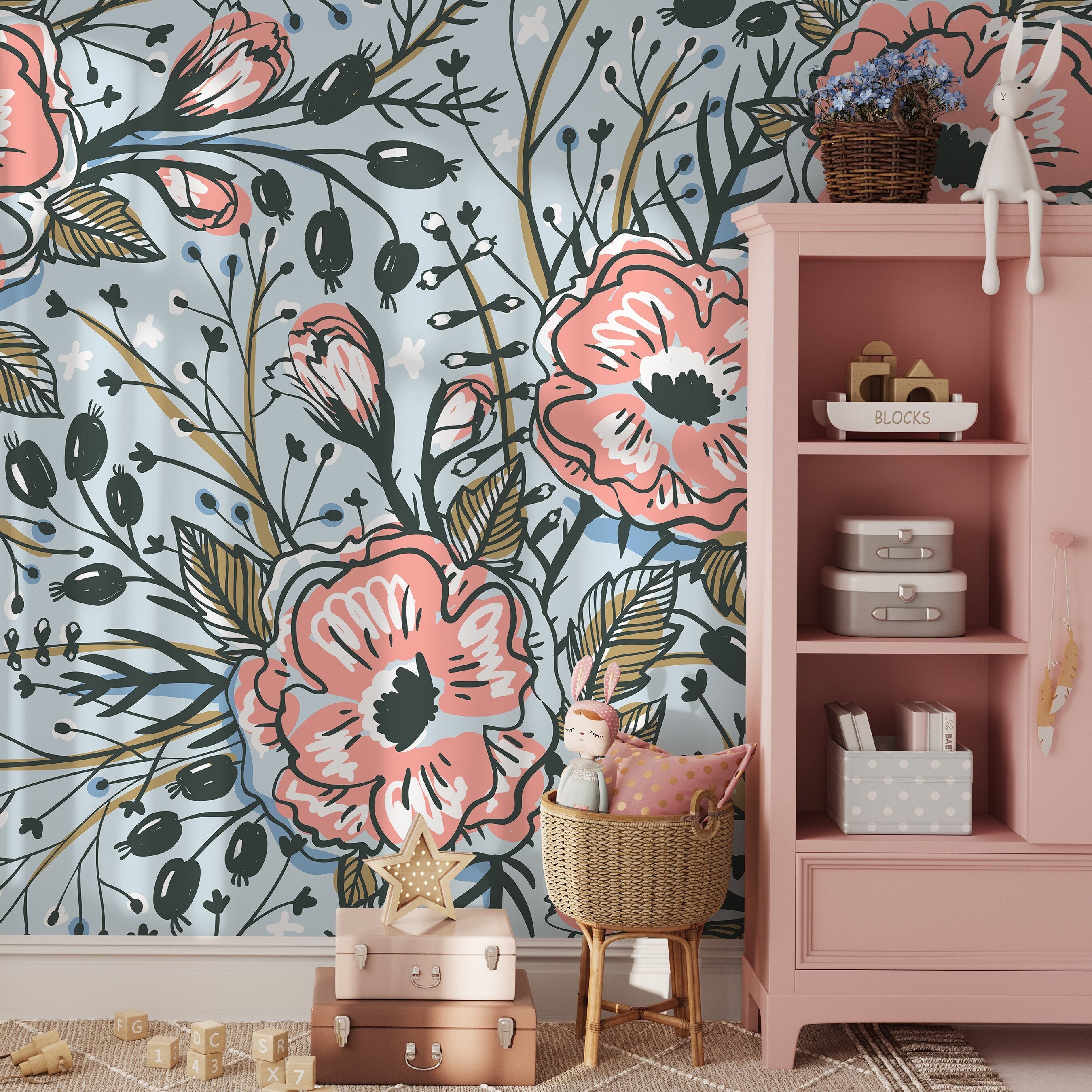 Floral Wallpaper With Stylized Poppies In Pink, Blue, And Black - A418