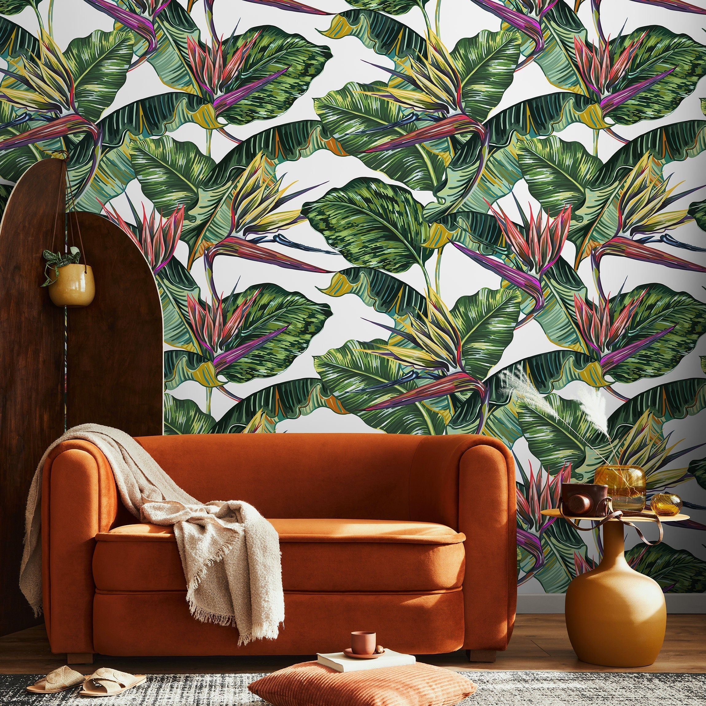 Tropical Wallpaper With Bird Of Paradise Flowers In Green, Red, And Purple - A433