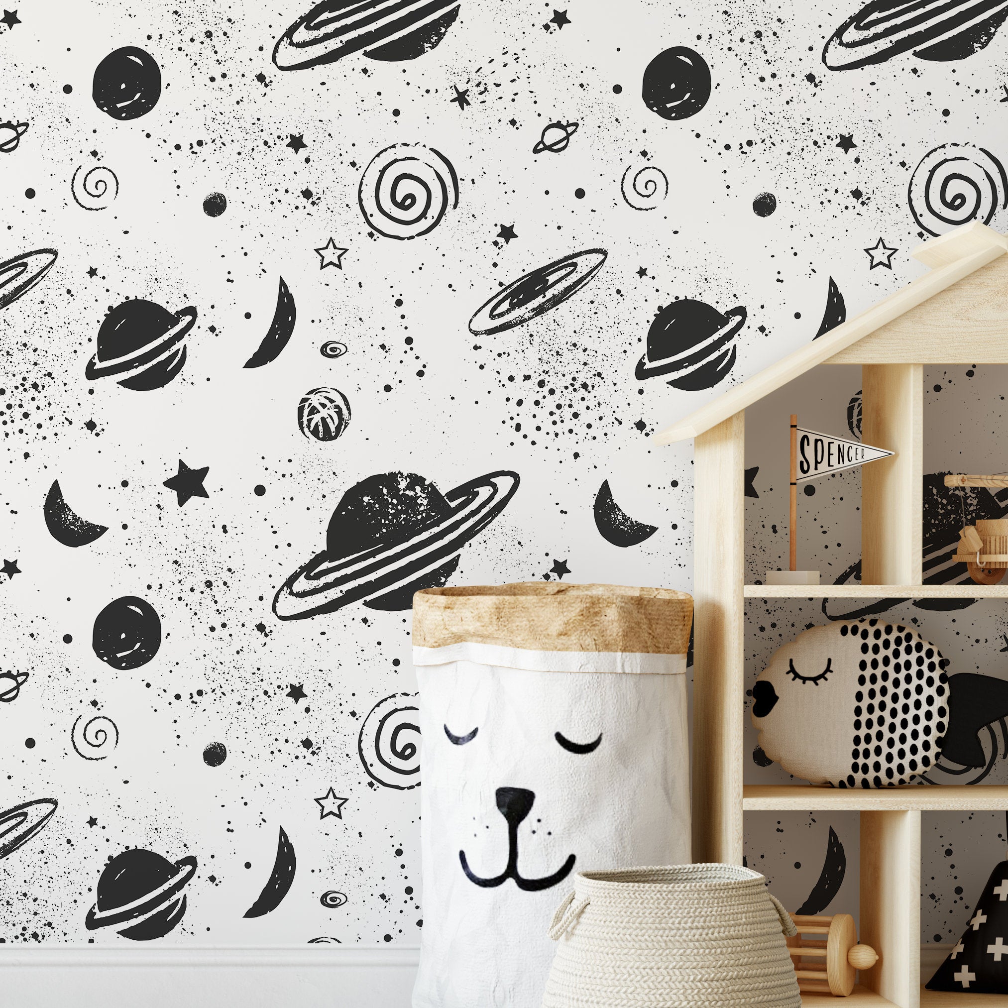 Space Wallpaper Featuring Hand-drawn Planets And Stars In Black And White - A441