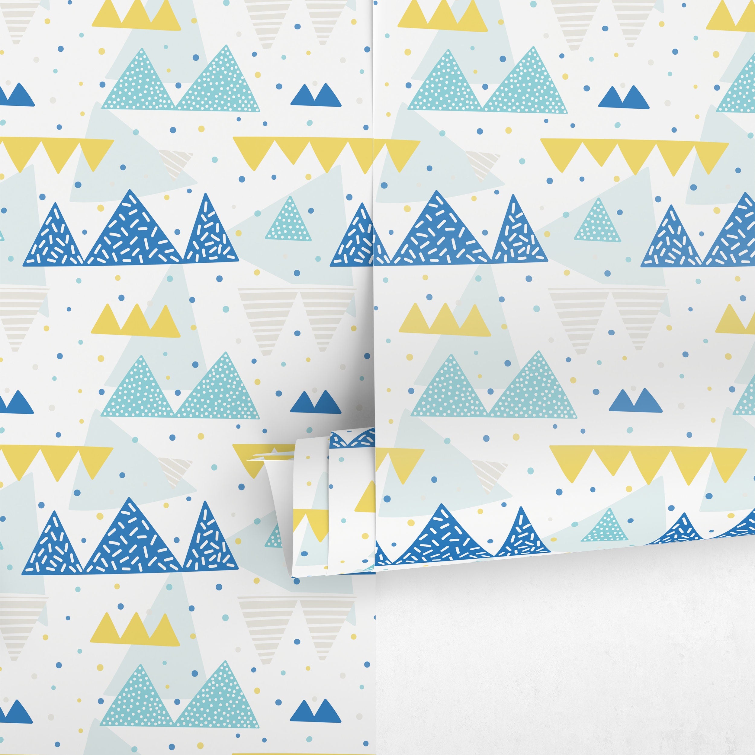 Mountain Wallpaper With A Geometric Peak Motif In Blue, Yellow, And Gray - A442