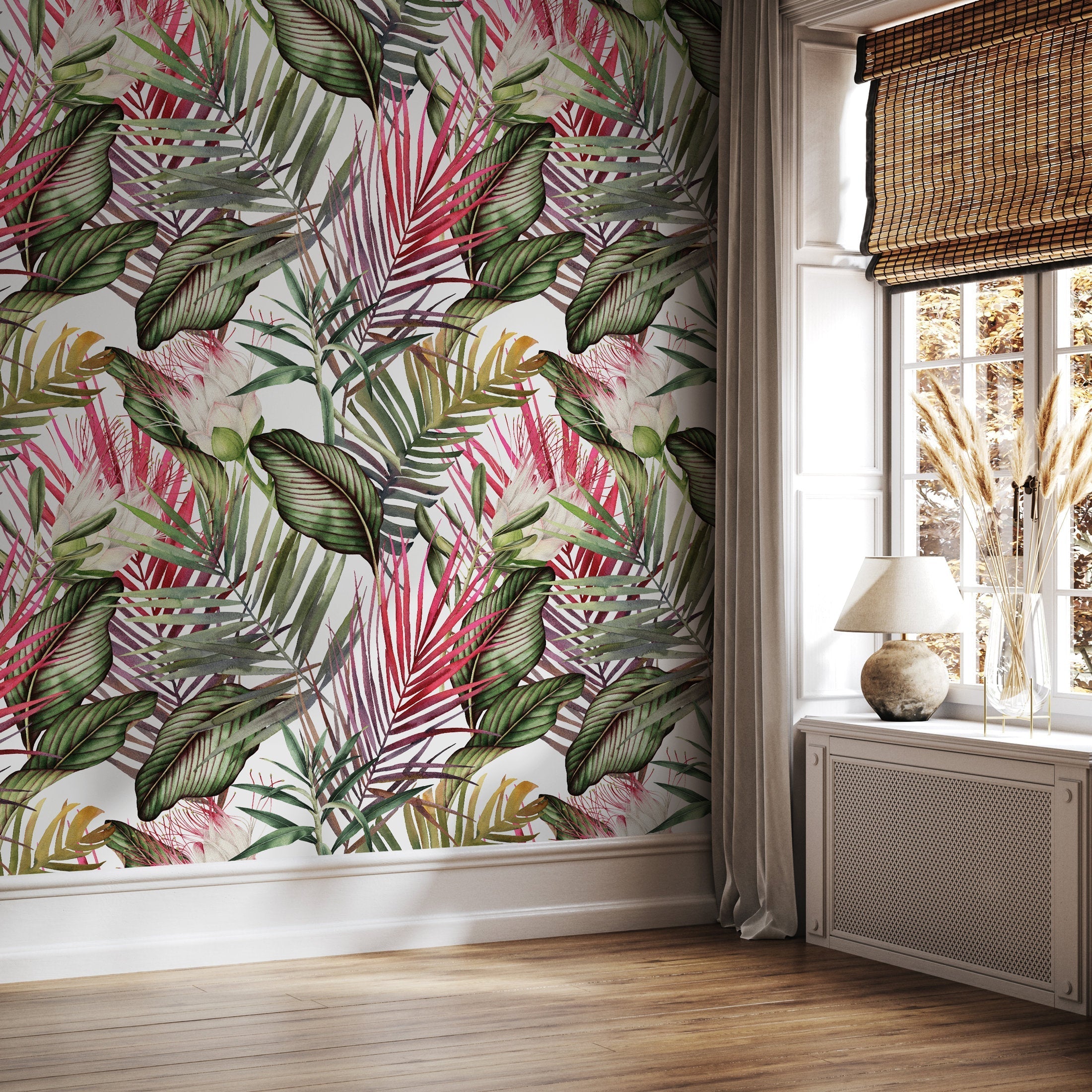 Tropical Wallpaper With Lush Jungle Leaves In Red, Green, And Purple - A444