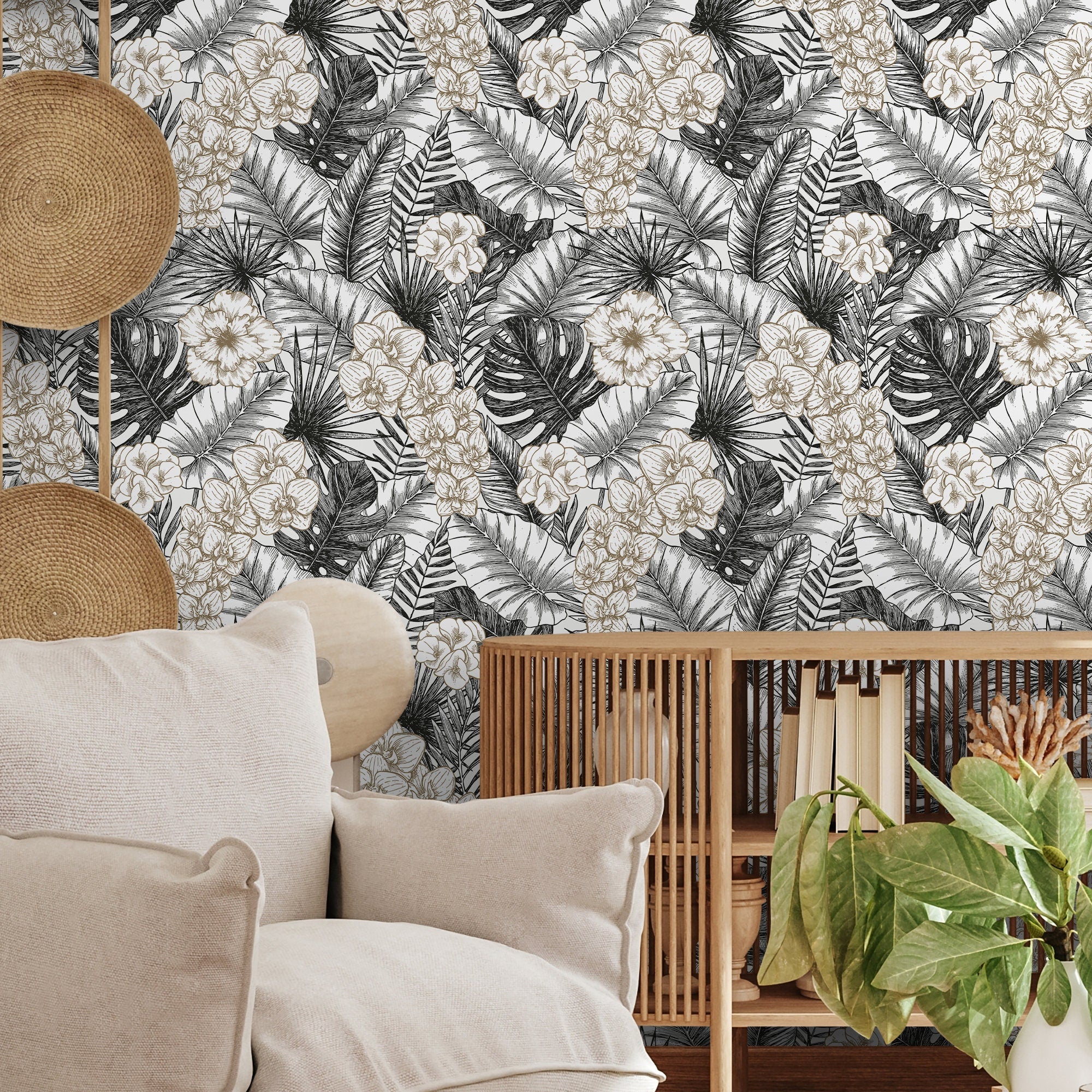 Tropical Wallpaper With Engraved Leaves And Flowers In Black And Gold - A446