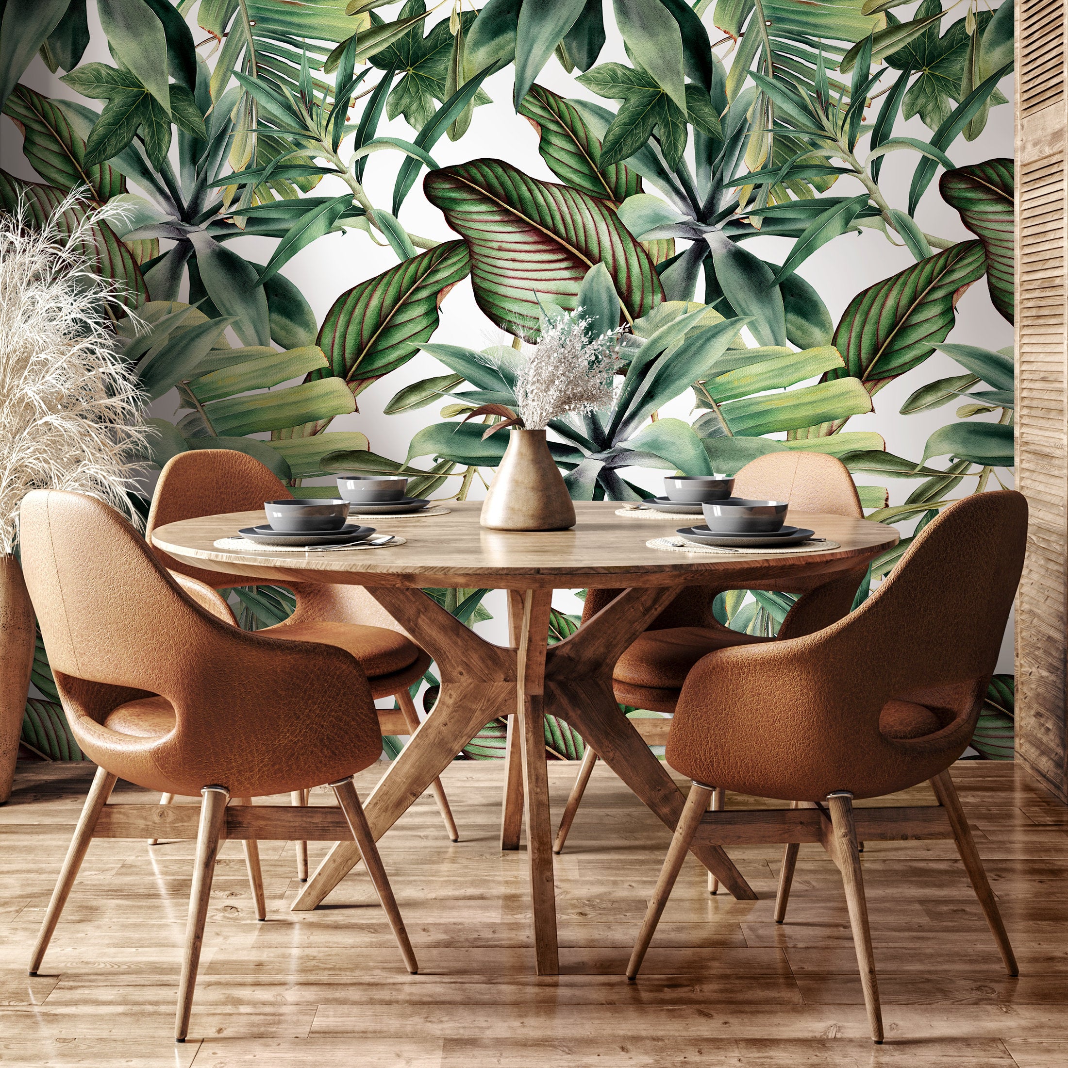 Botanical Wallpaper Featuring A Lush Tropical Canopy In Green And Red - A450