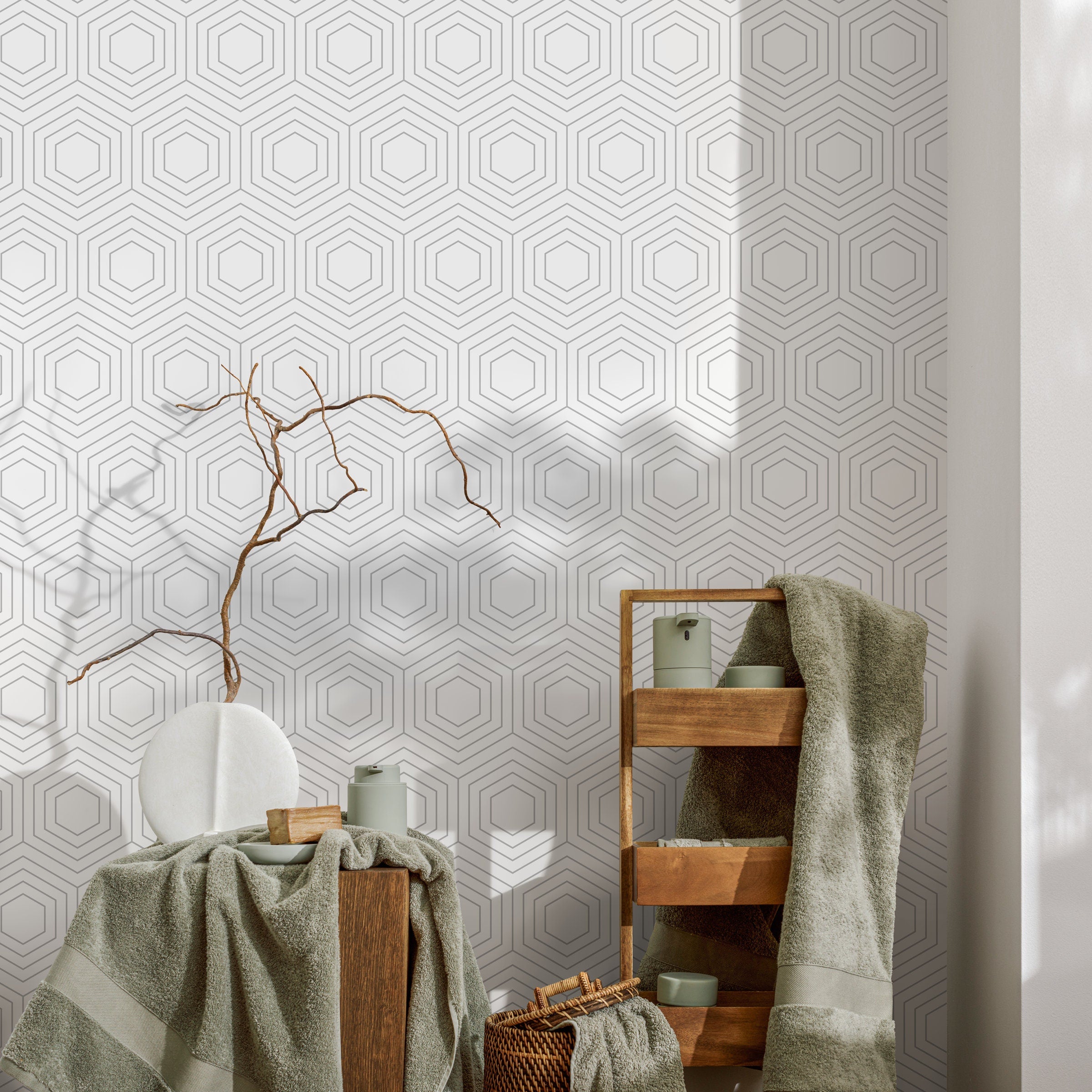 Geometric Wallpaper With A Minimalist Hexagon Line Art In Gray - A453