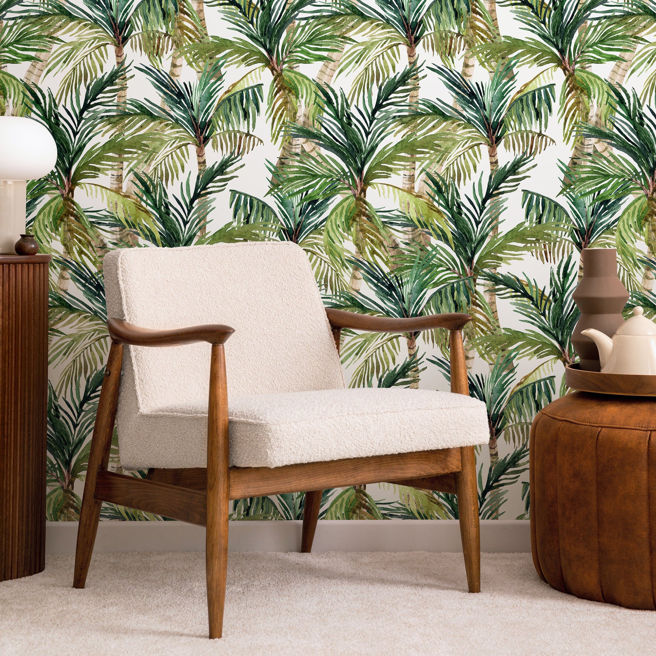 Tropical Wallpaper With A Watercolor Palm Tree Motif In Green And Brown - A459