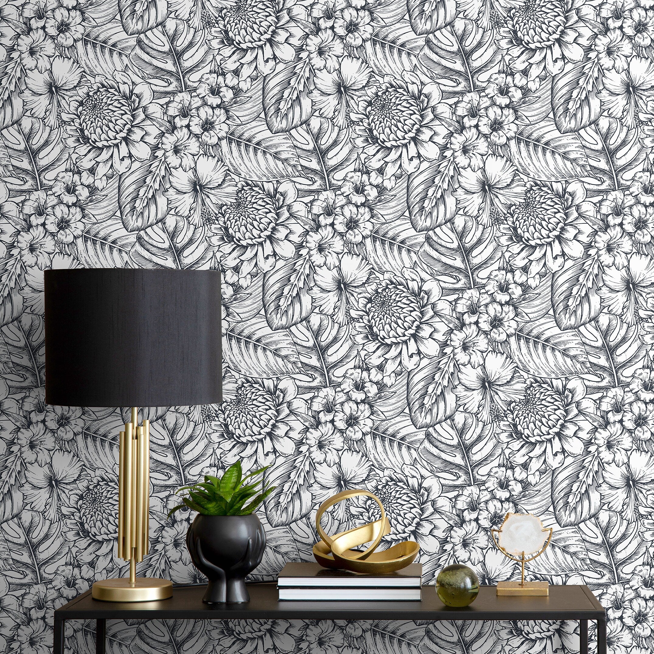 Floral Wallpaper With Hand-drawn Tropical Flowers In Black And White - A462