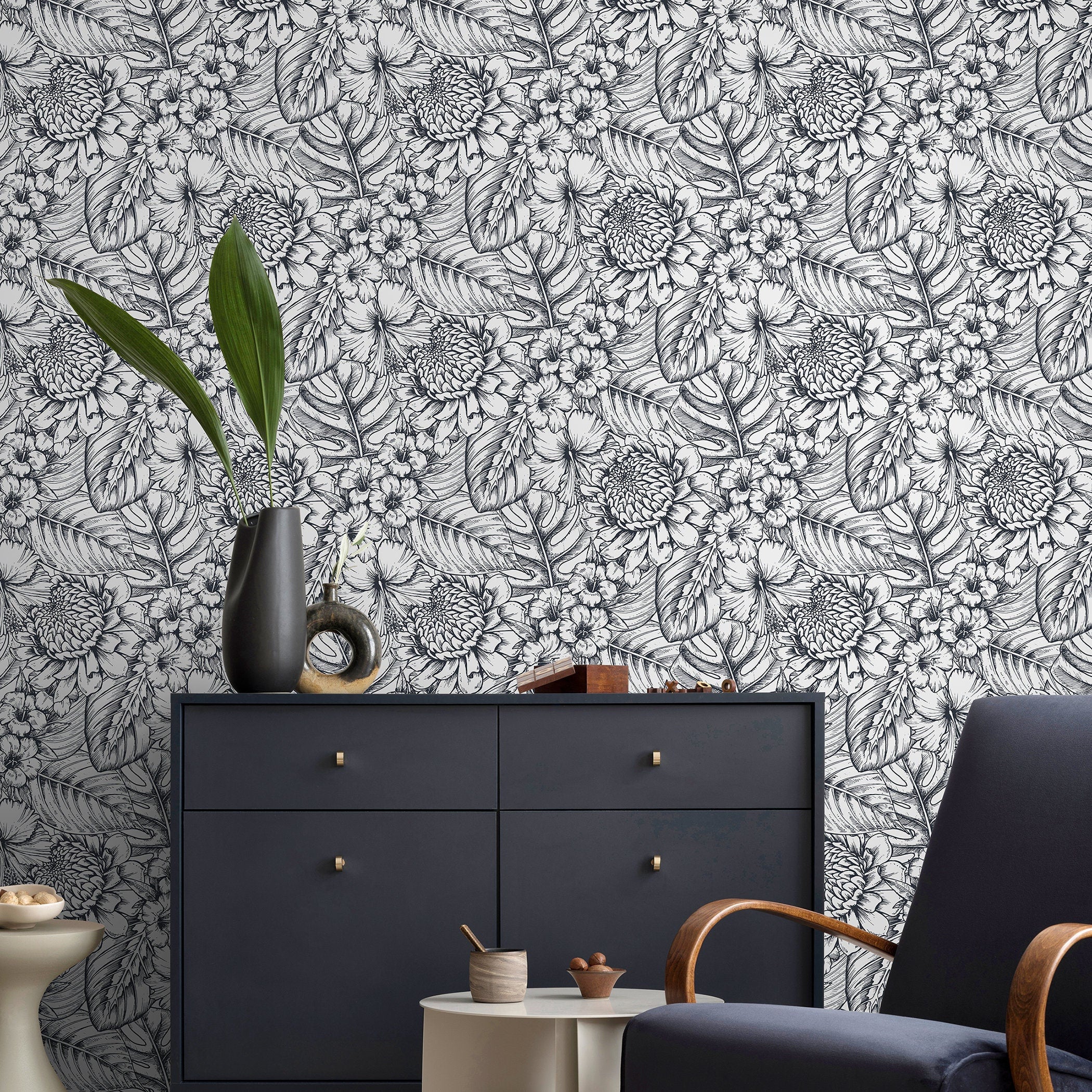 Floral Wallpaper With Hand-drawn Tropical Flowers In Black And White - A462