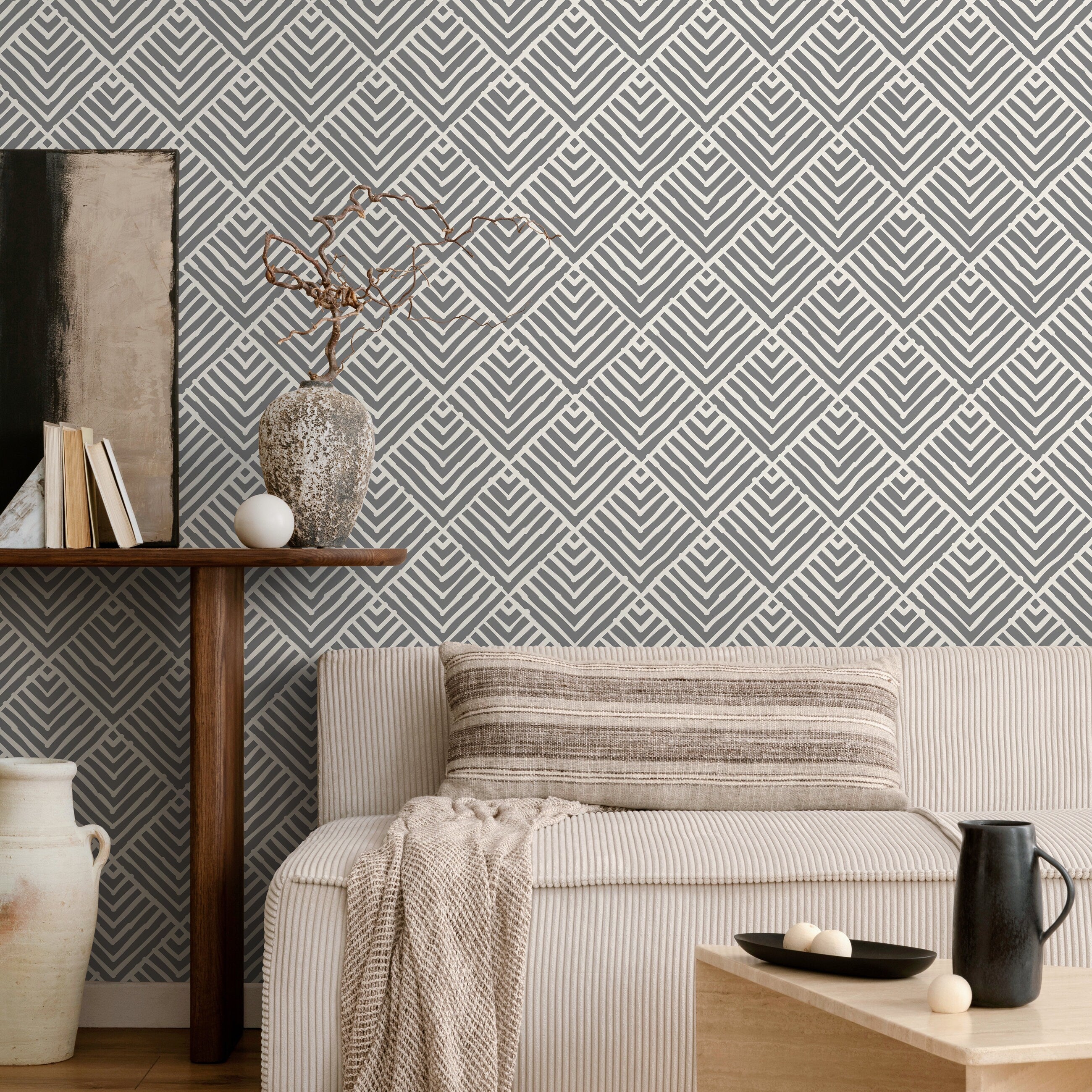 Geometric Wallpaper With A Hand-drawn Diamond Pattern In Gray And White - A465