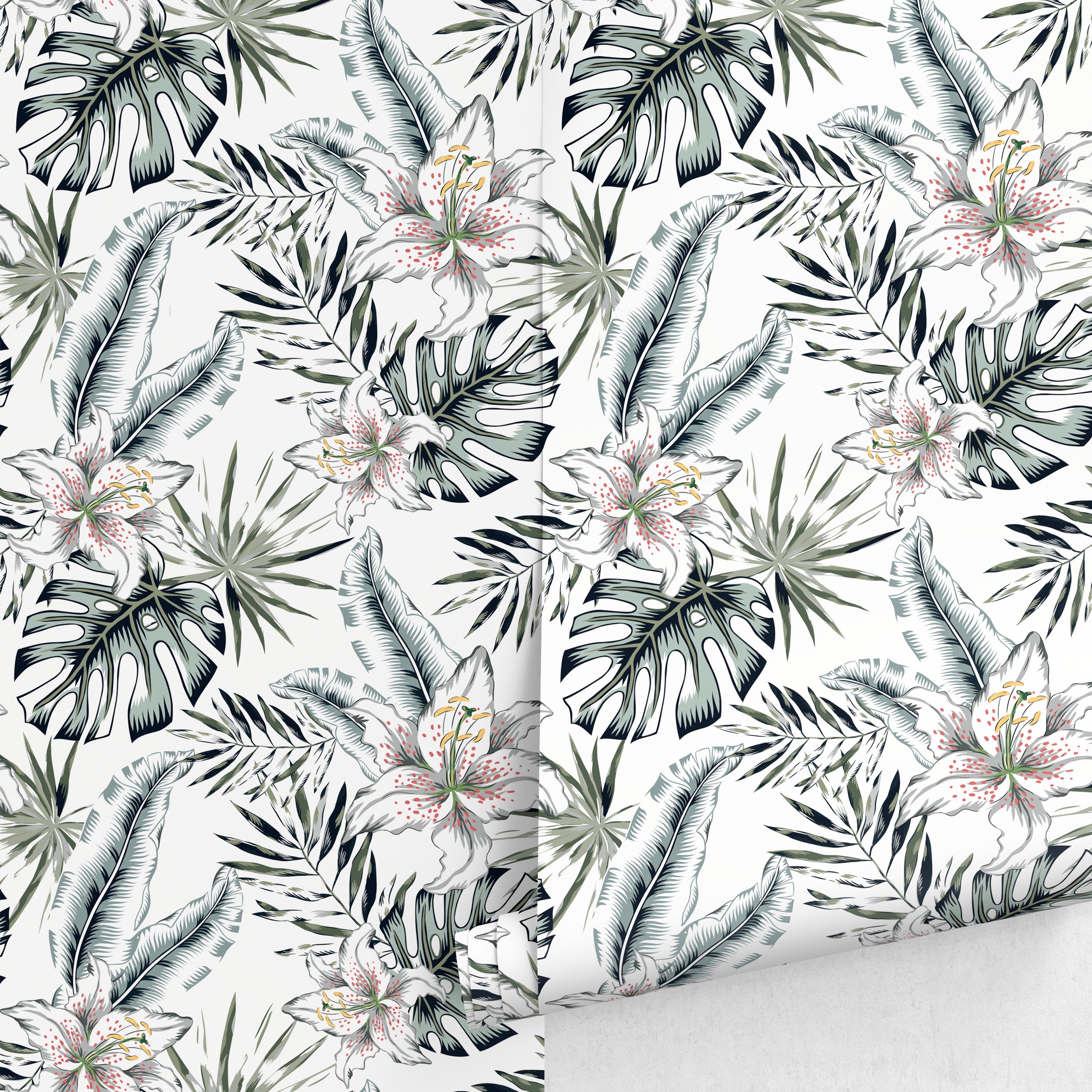 Tropical Wallpaper With Lilies And Palm Leaves In Green And Pink - A478