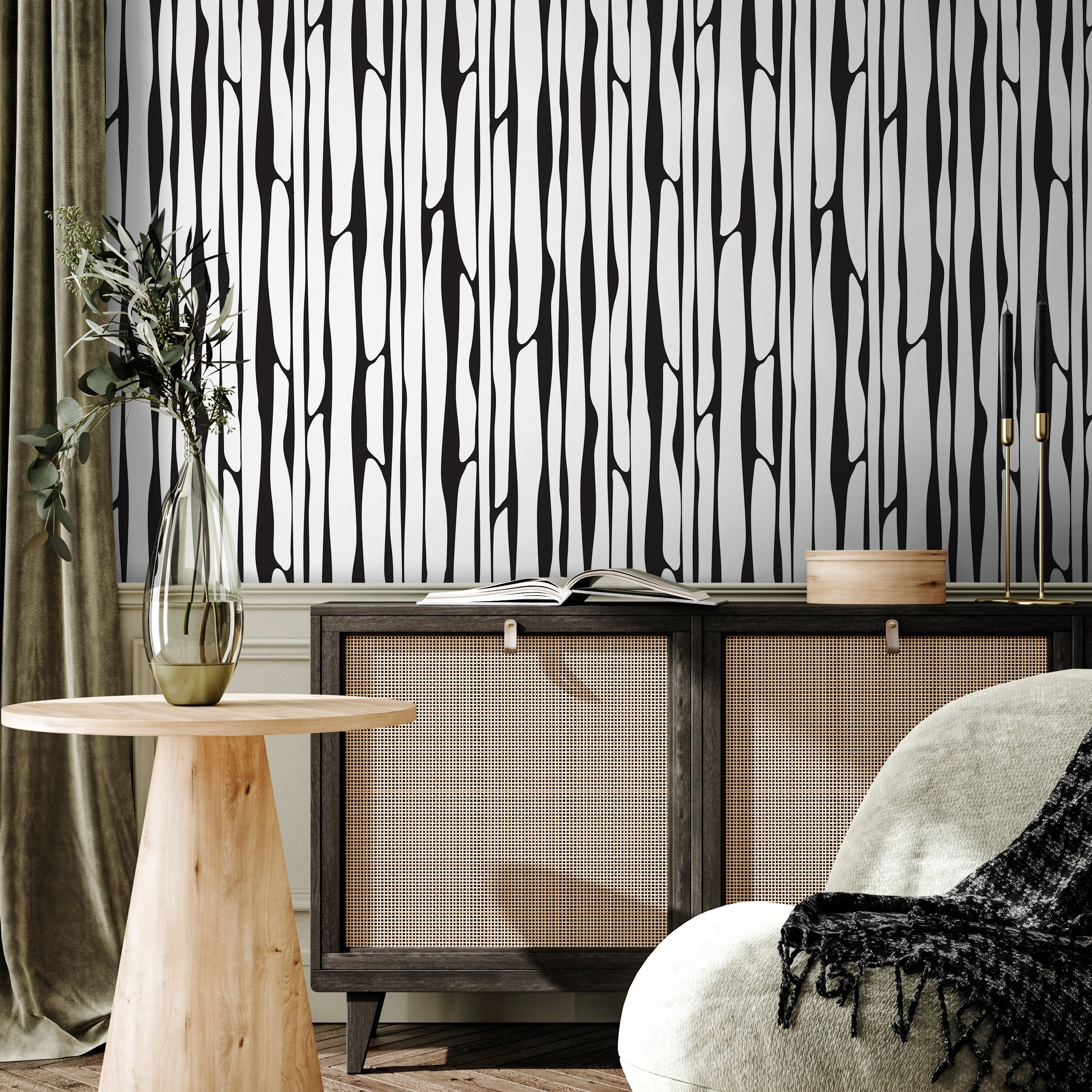 Abstract Wallpaper With Wavy Vertical Stripes In Black And White - A482