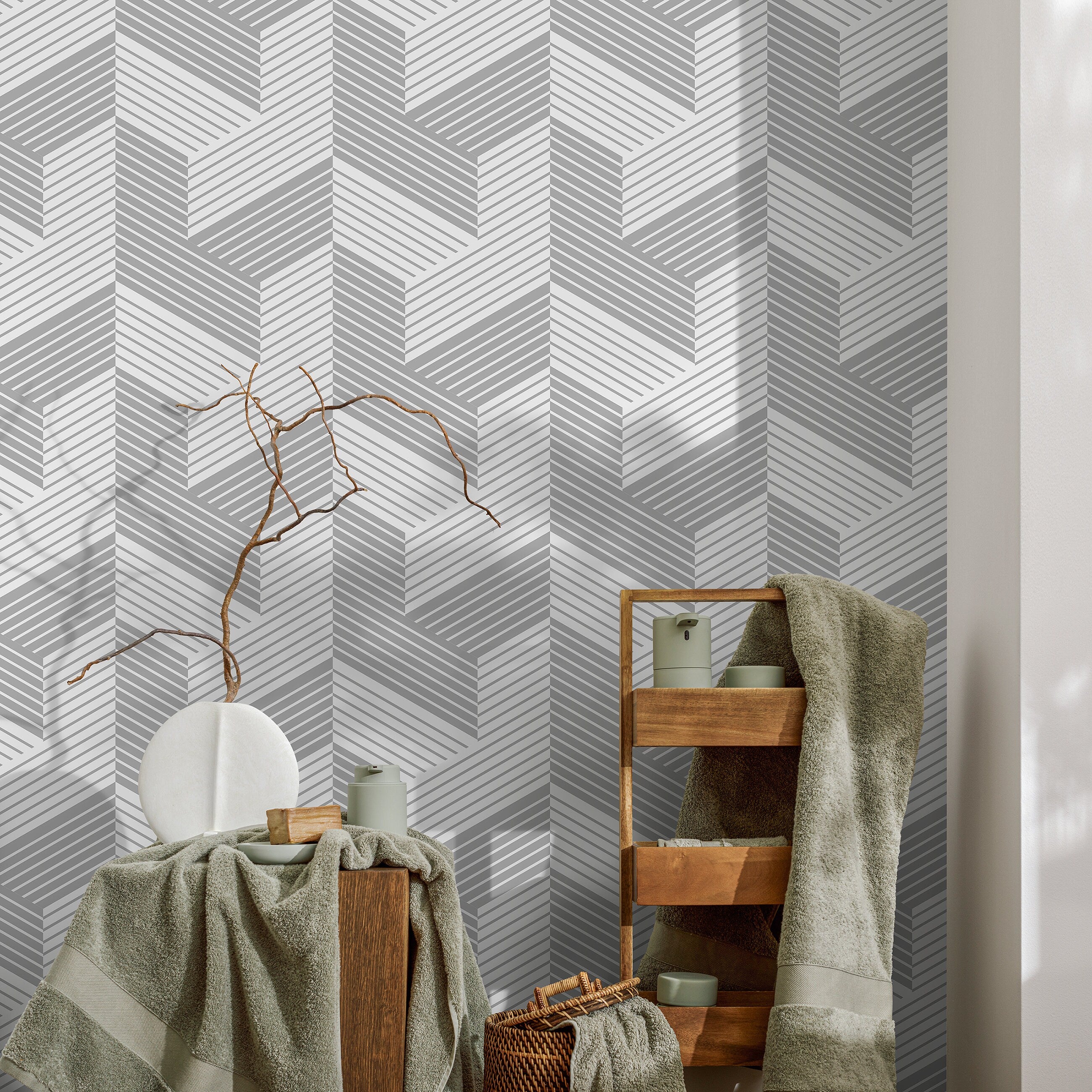 Geometric Wallpaper With A Lined 3d Block Motif In Grey - A484
