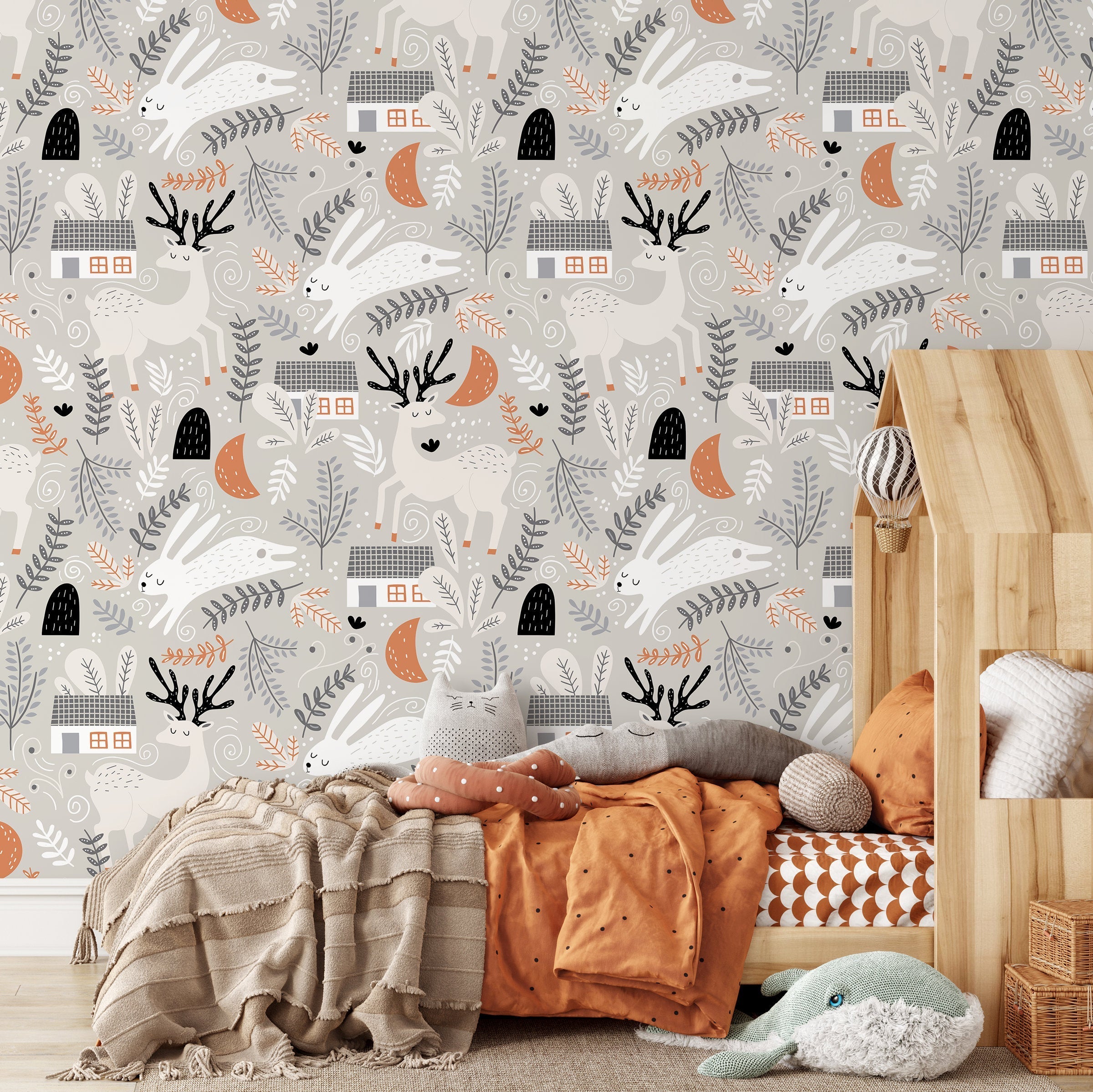 Animal Wallpaper With Deer, Rabbits, And Woodland Homes In Gray, Orange, And Black - A508