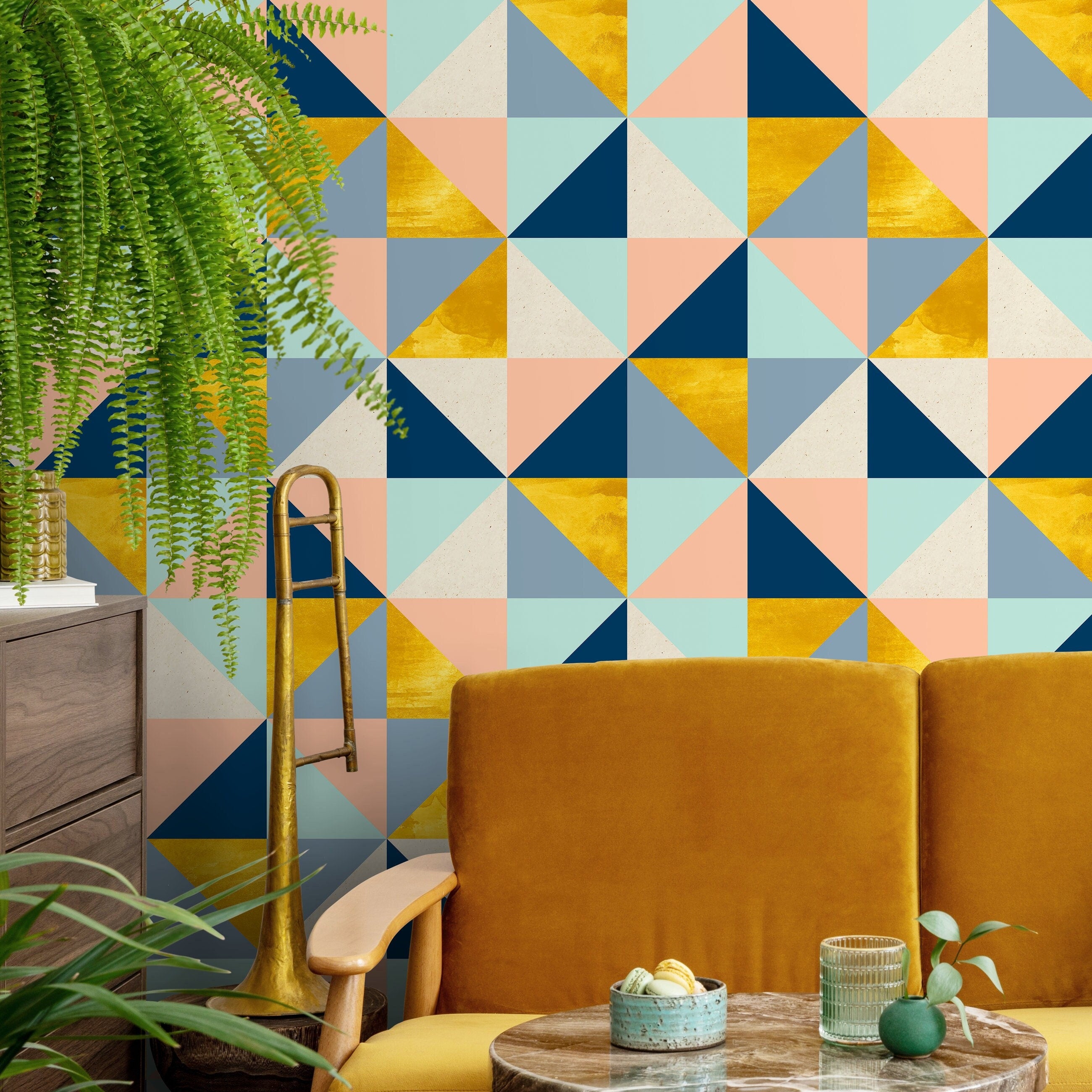 Geometric Wallpaper With A Modern Triangle Motif In Blue, Gold, And Pink - A510