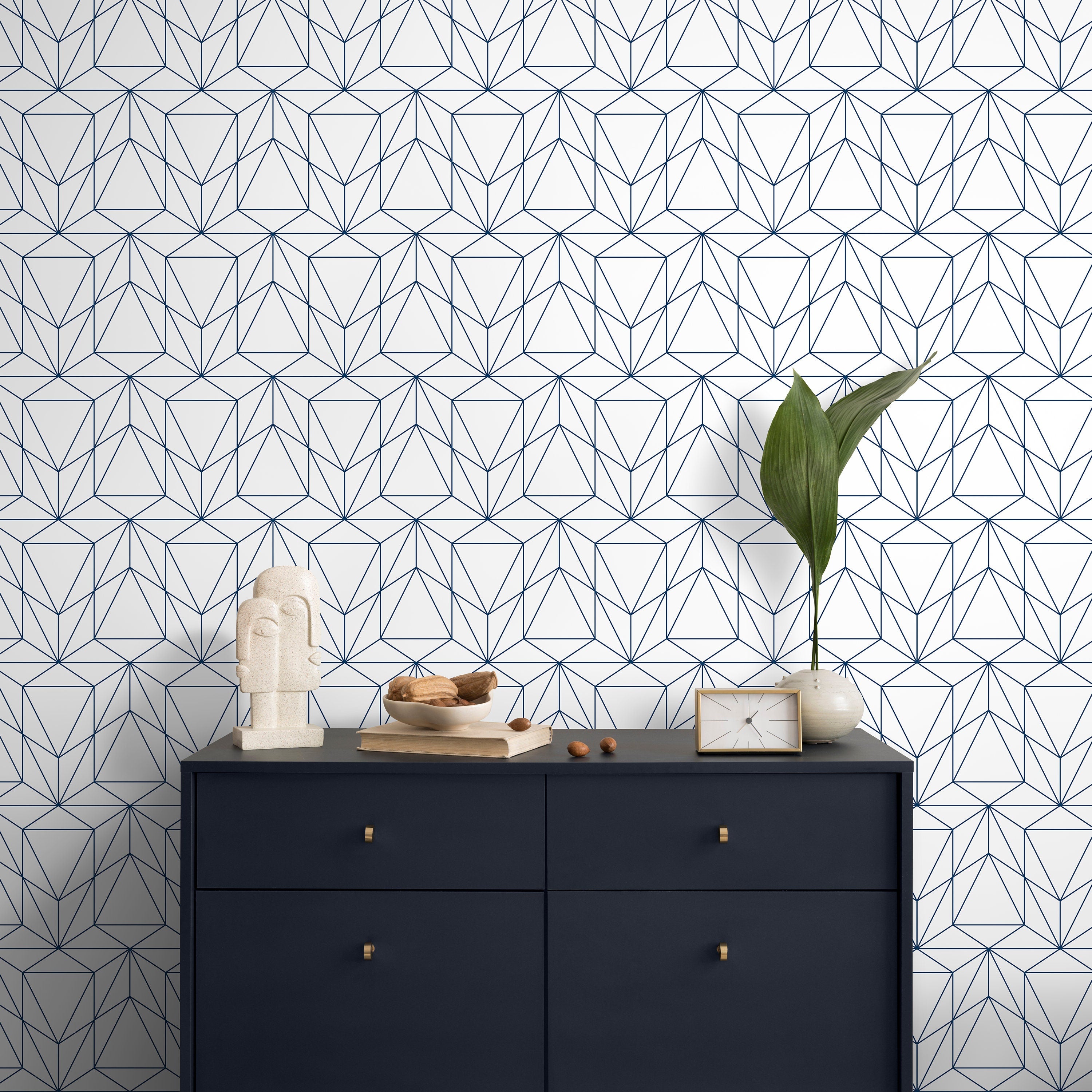 Geometric Wallpaper With A Prismatic Line Motif In Navy Blue - A511