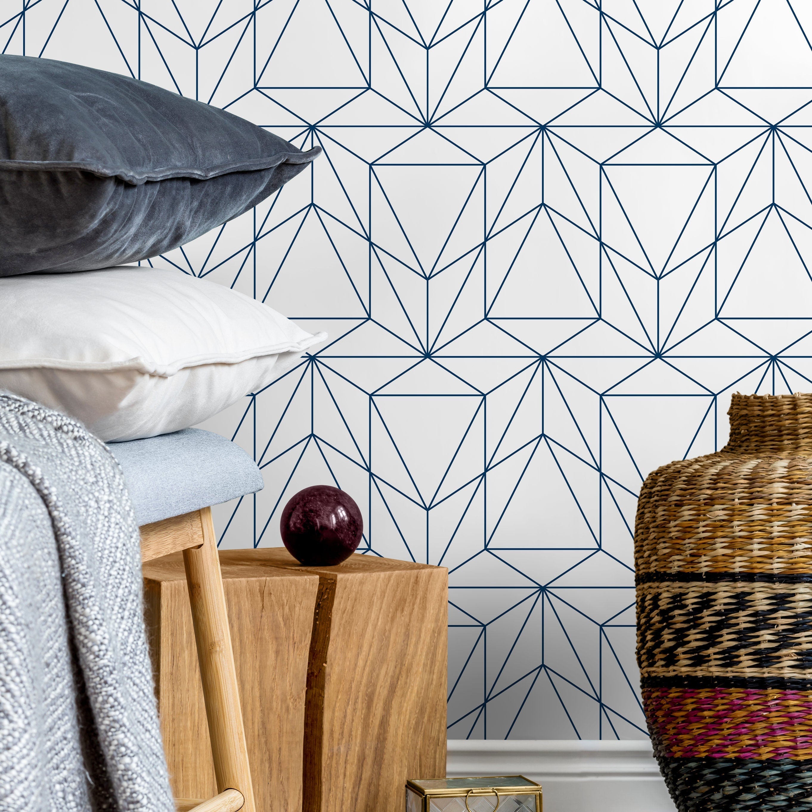 Geometric Wallpaper With A Prismatic Line Motif In Navy Blue - A511