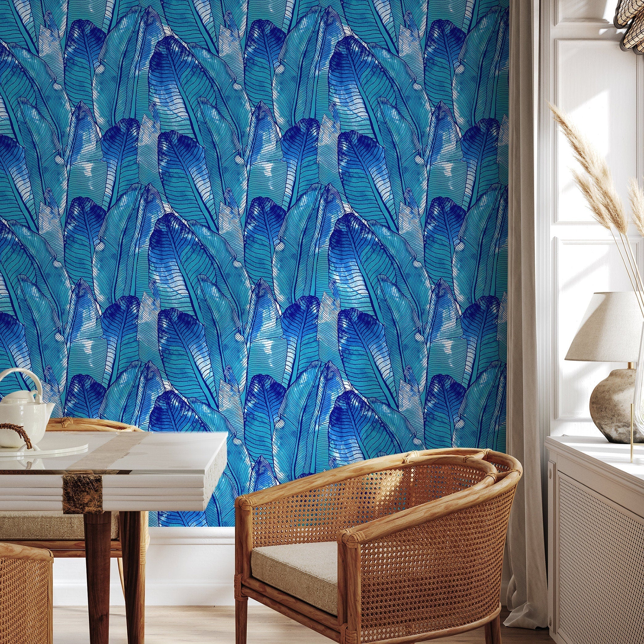 Tropical Wallpaper With Layered Banana Leaves In Blue And Turquoise - A513