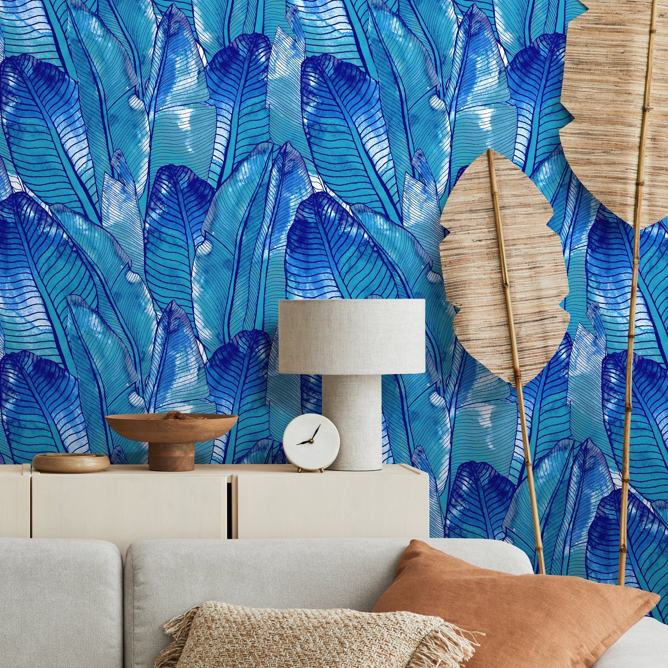 Tropical Wallpaper With Layered Banana Leaves In Blue And Turquoise - A513