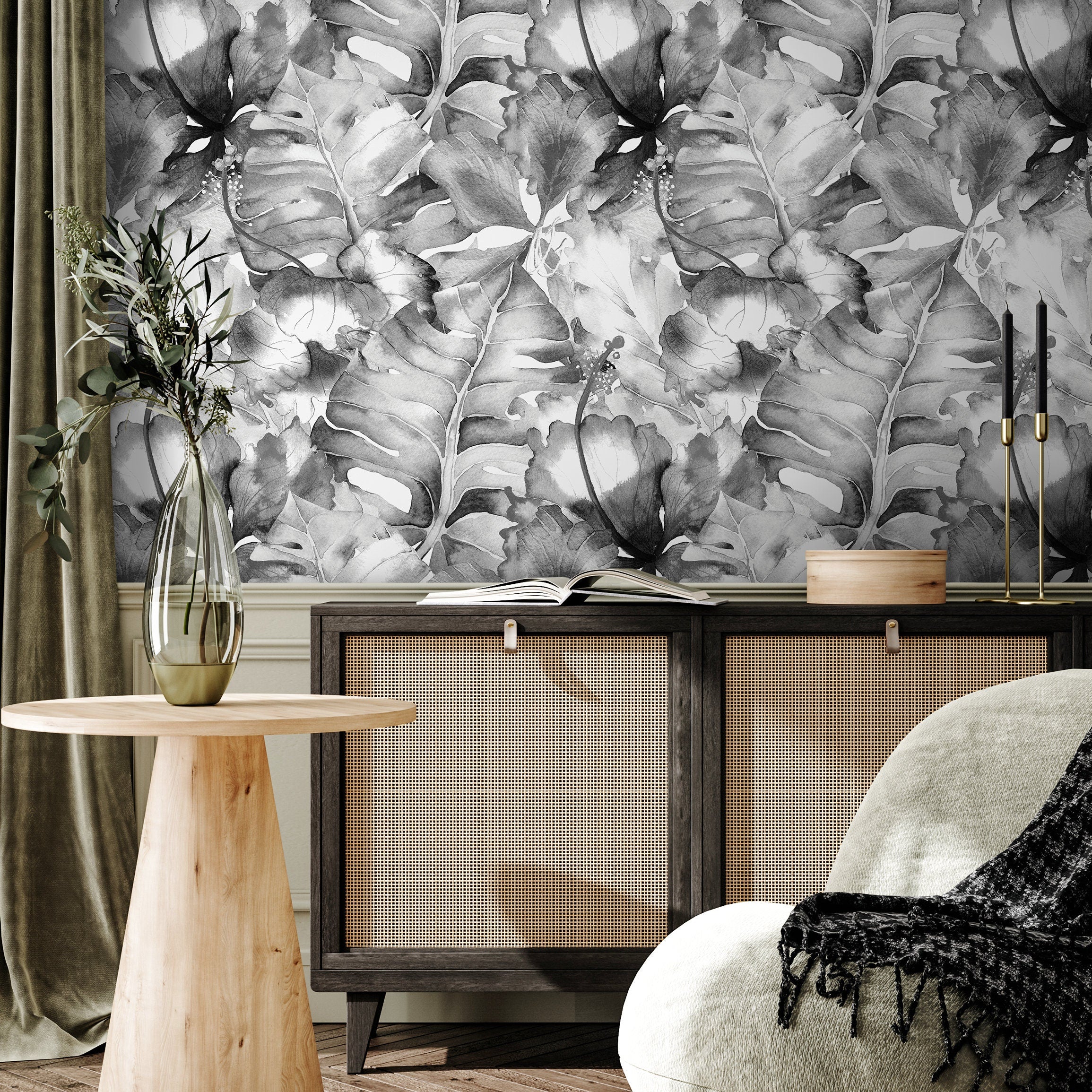 Botanical Wallpaper With Lush Watercolor Leaves In Black And Gray - A515