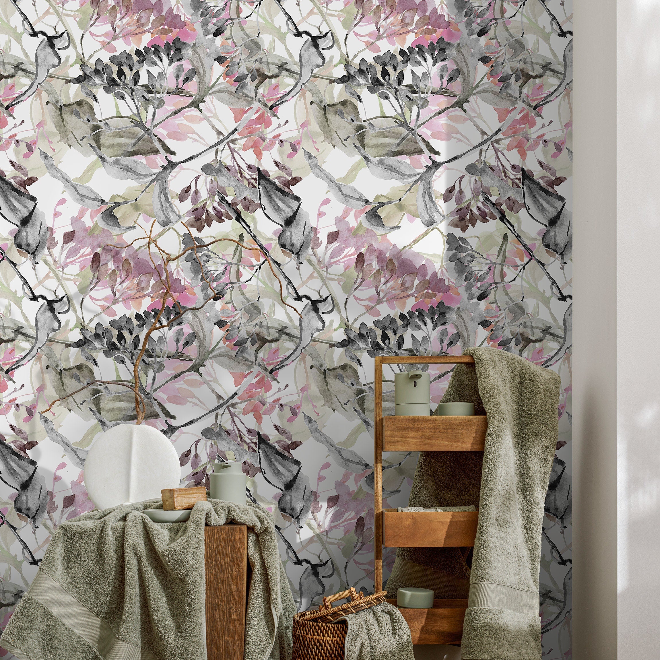 Botanical Wallpaper With An Abstract Watercolor Branch Motif In Pink, Black, And Green - A517