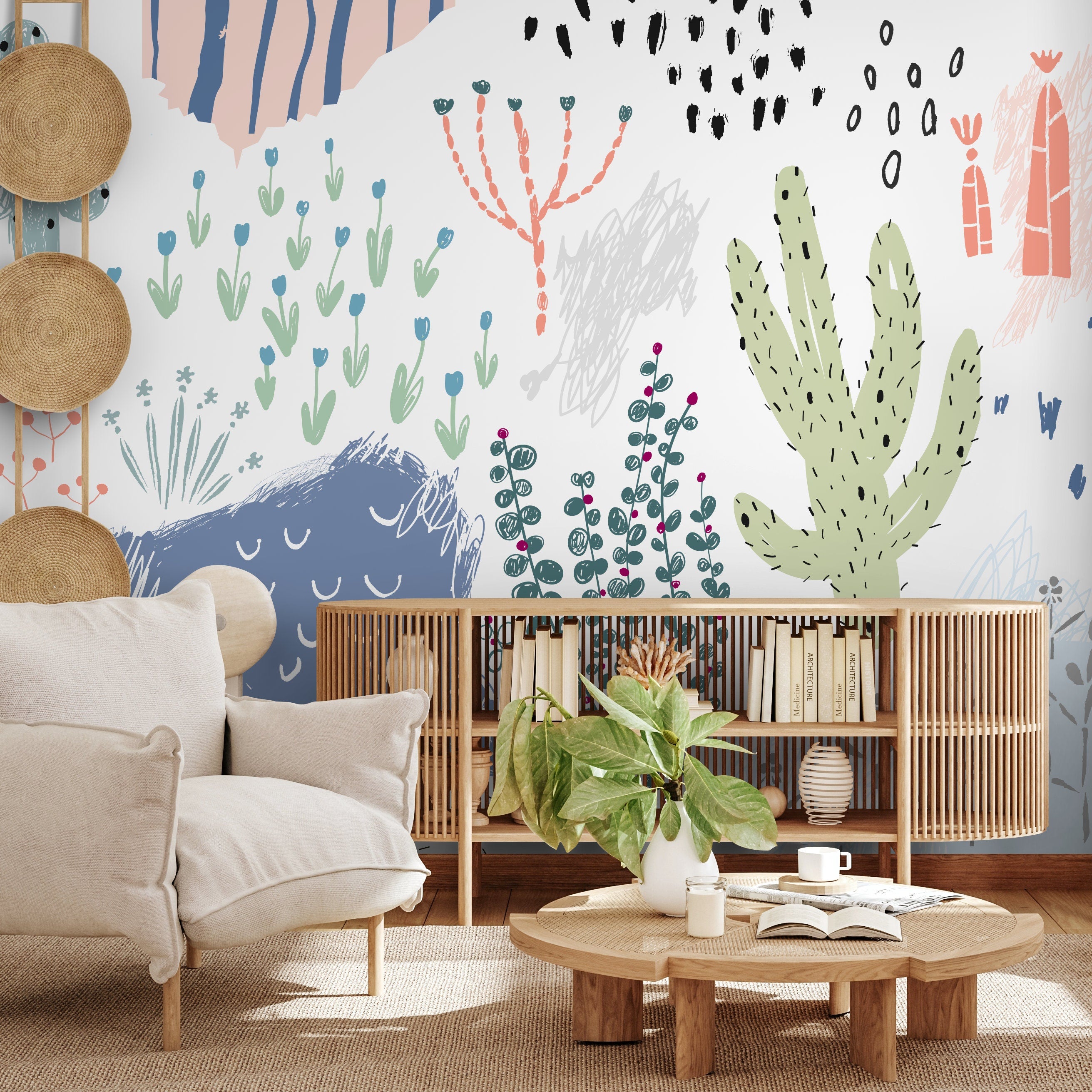 Abstract Wallpaper With Scribbled Doodles And Shapes In Blue And Pink - A520