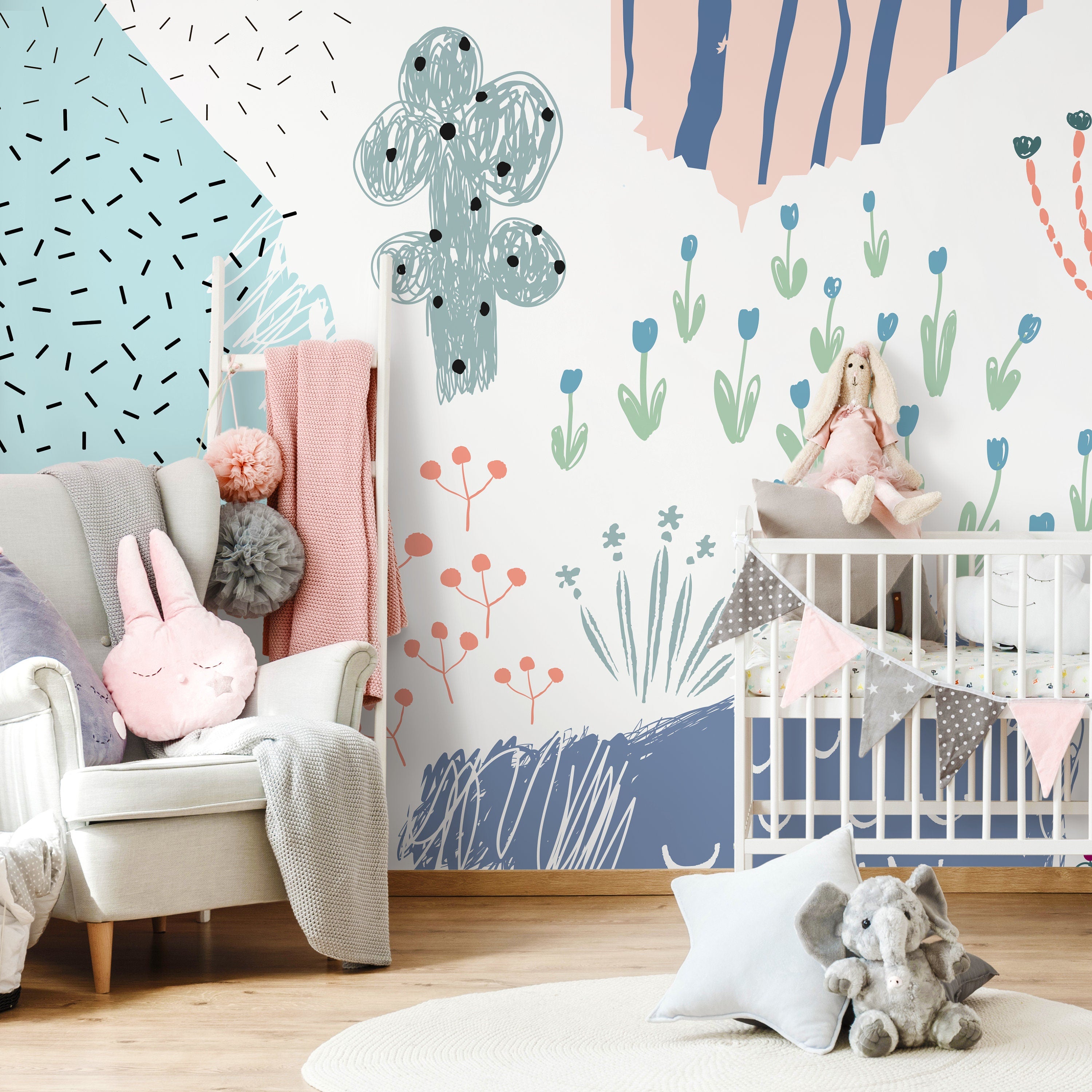 Abstract Wallpaper With Scribbled Doodles And Shapes In Blue And Pink - A520