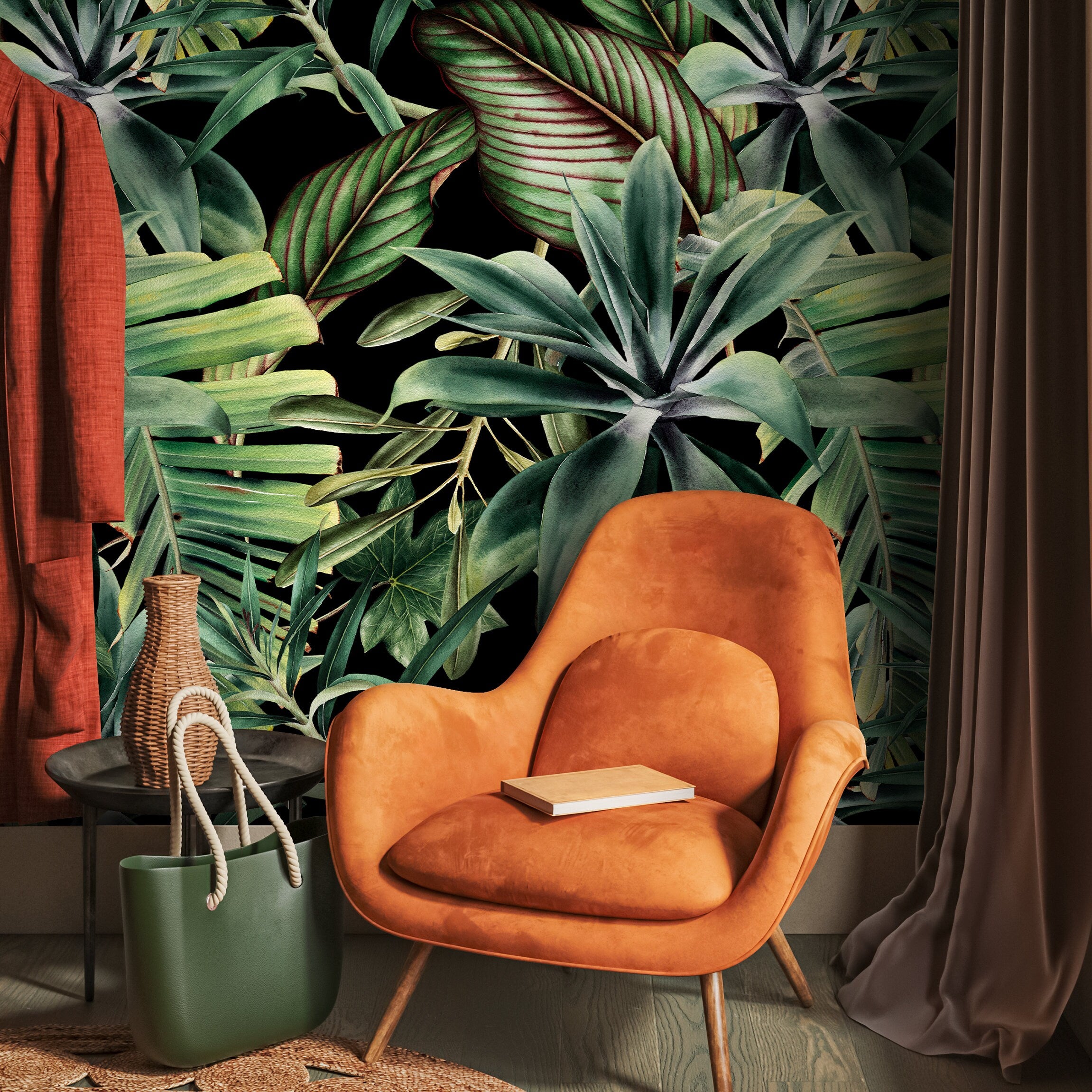 Tropical Wallpaper With A Lush Jungle Leaf Motif In Green And Black - A528