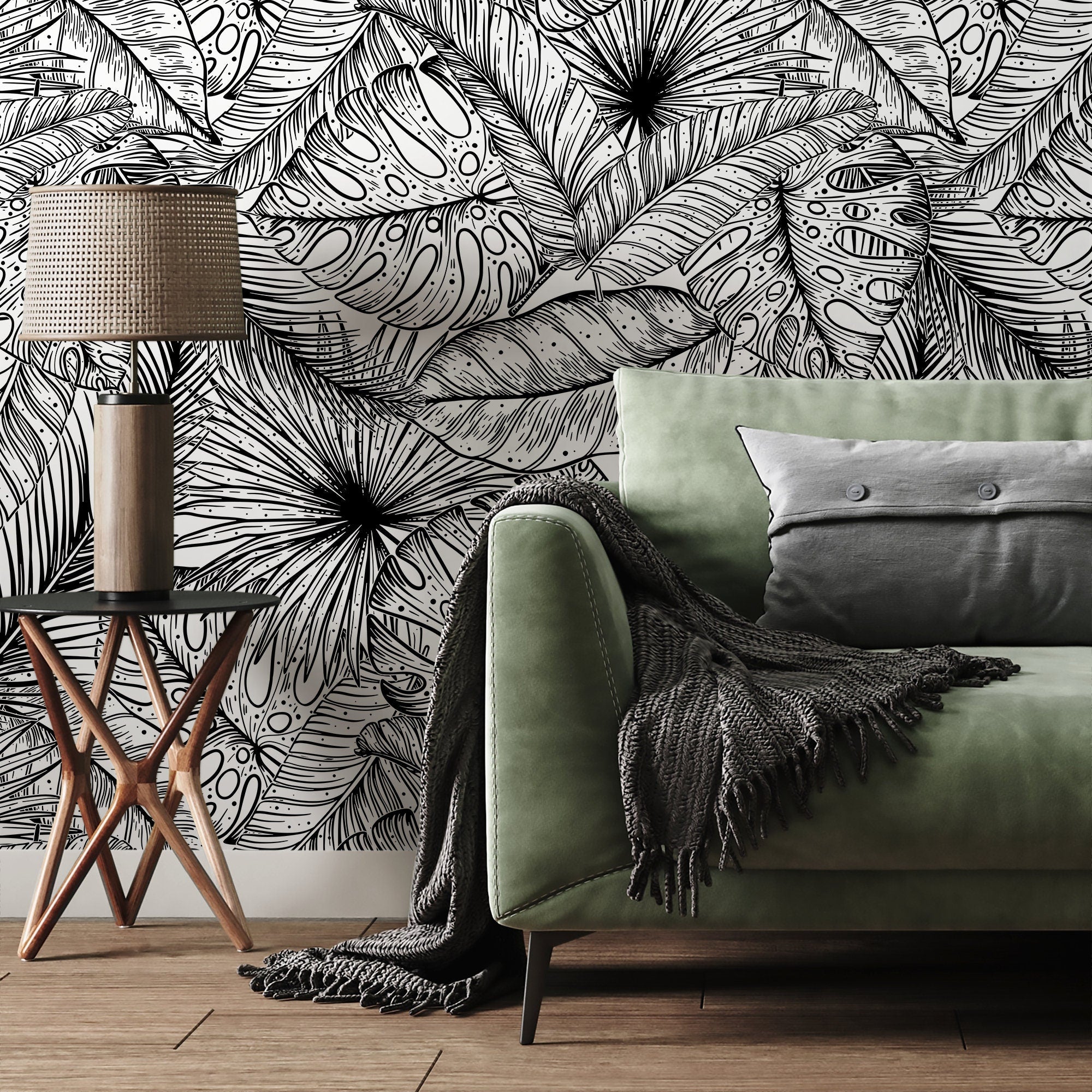 Tropical Wallpaper With An Intricate Line Art Leaf Motif In Black And White - A535