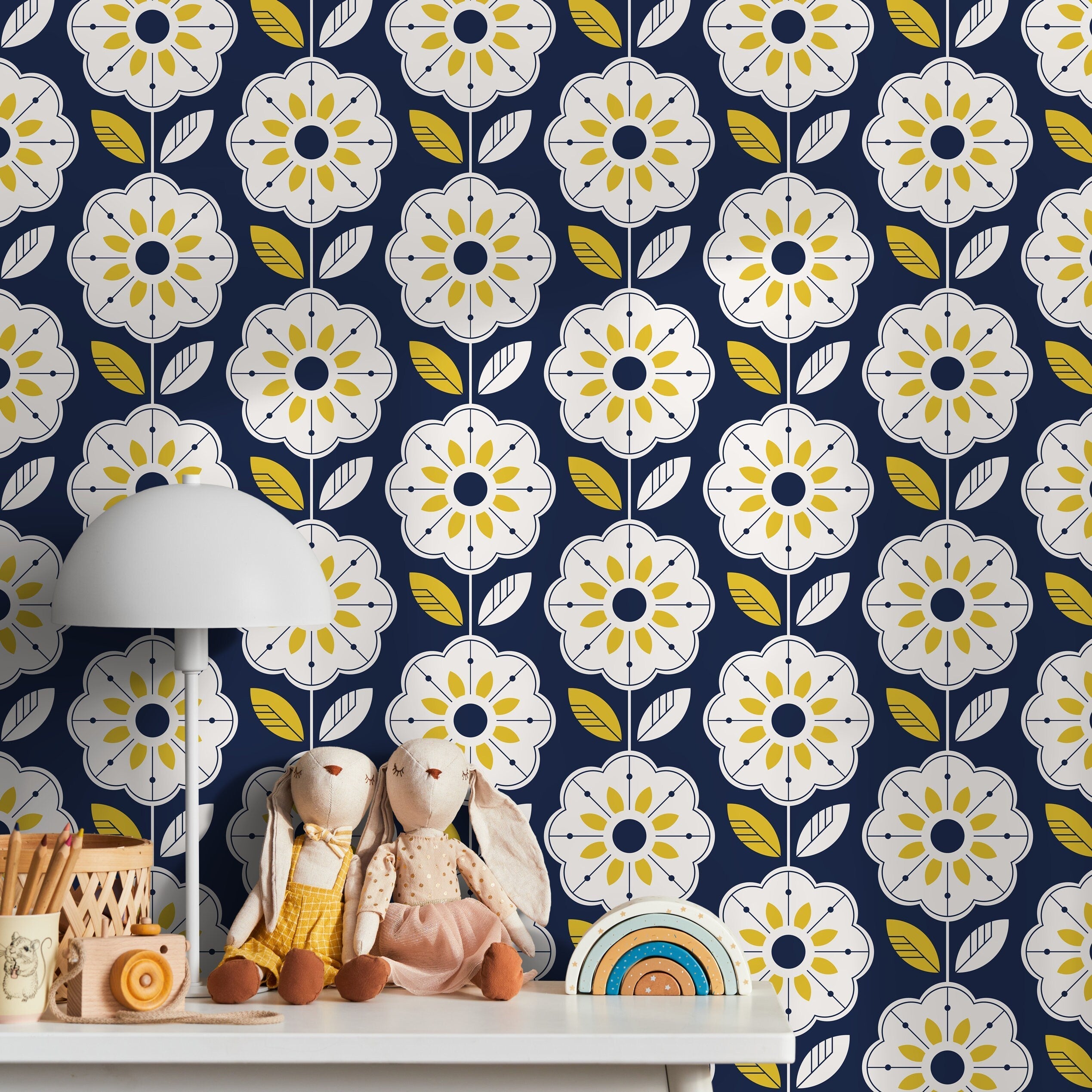 Geometric Floral Wallpaper With A Scandinavian Motif In Navy Blue And Yellow - A536