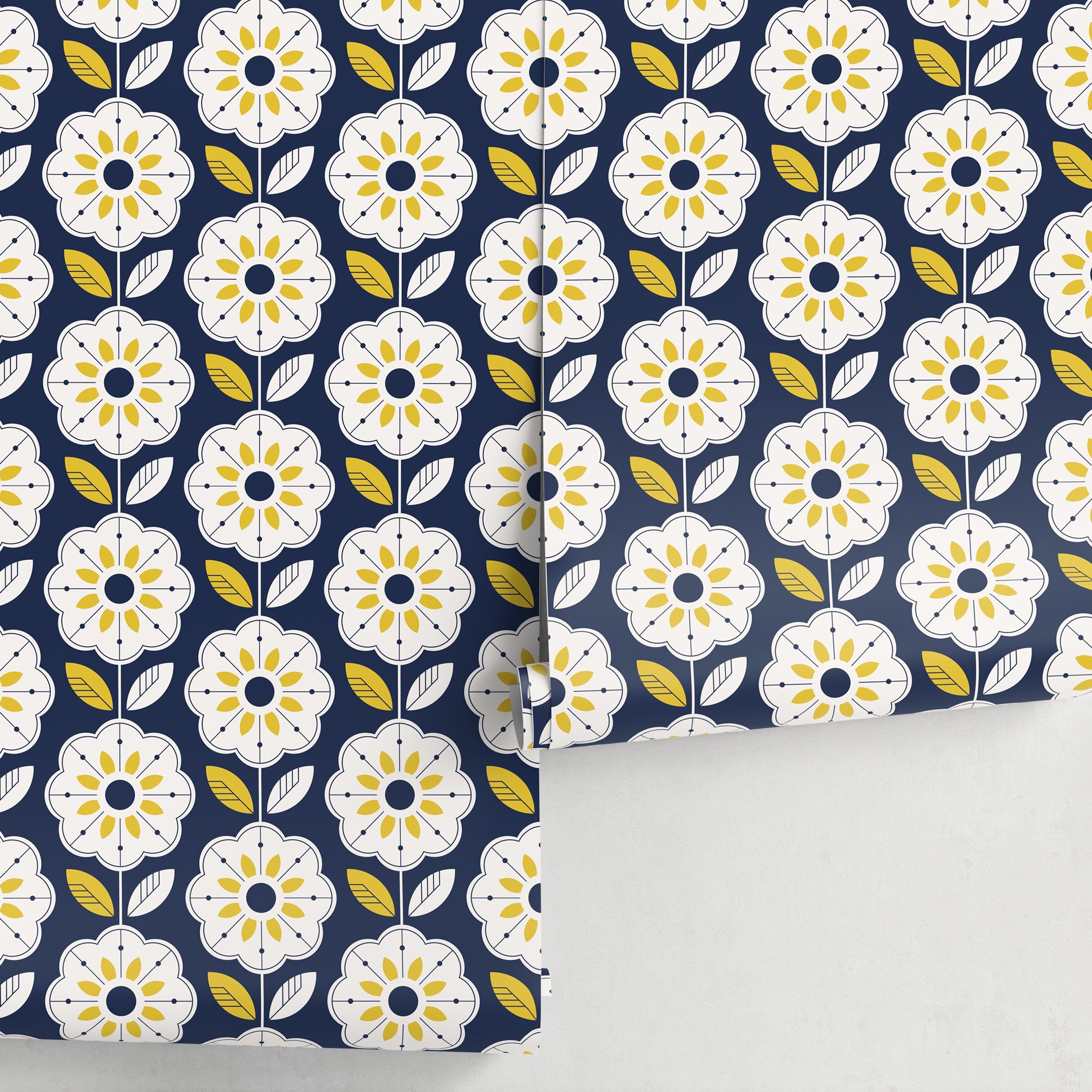 Geometric Floral Wallpaper With A Scandinavian Motif In Navy Blue And Yellow - A536