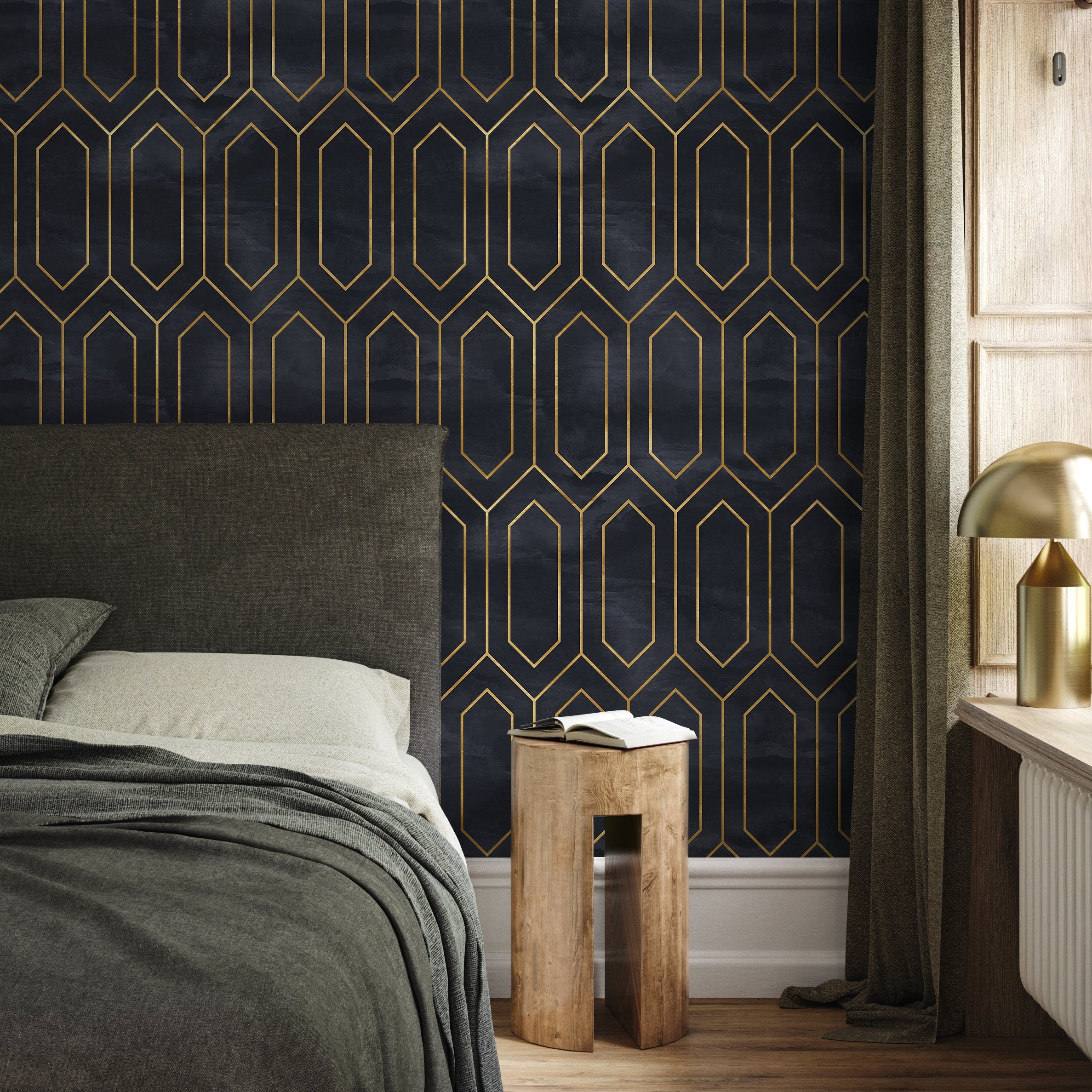 Art Deco Wallpaper With A Geometric Honeycomb Motif In Black And Gold - A539
