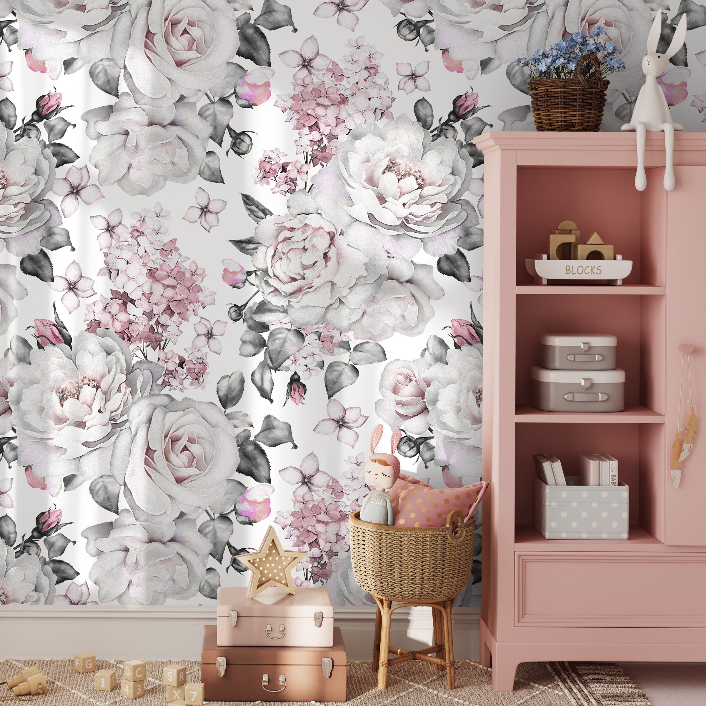 Floral Wallpaper Featuring Vintage Roses And Hydrangeas In Pink And Grey - A547