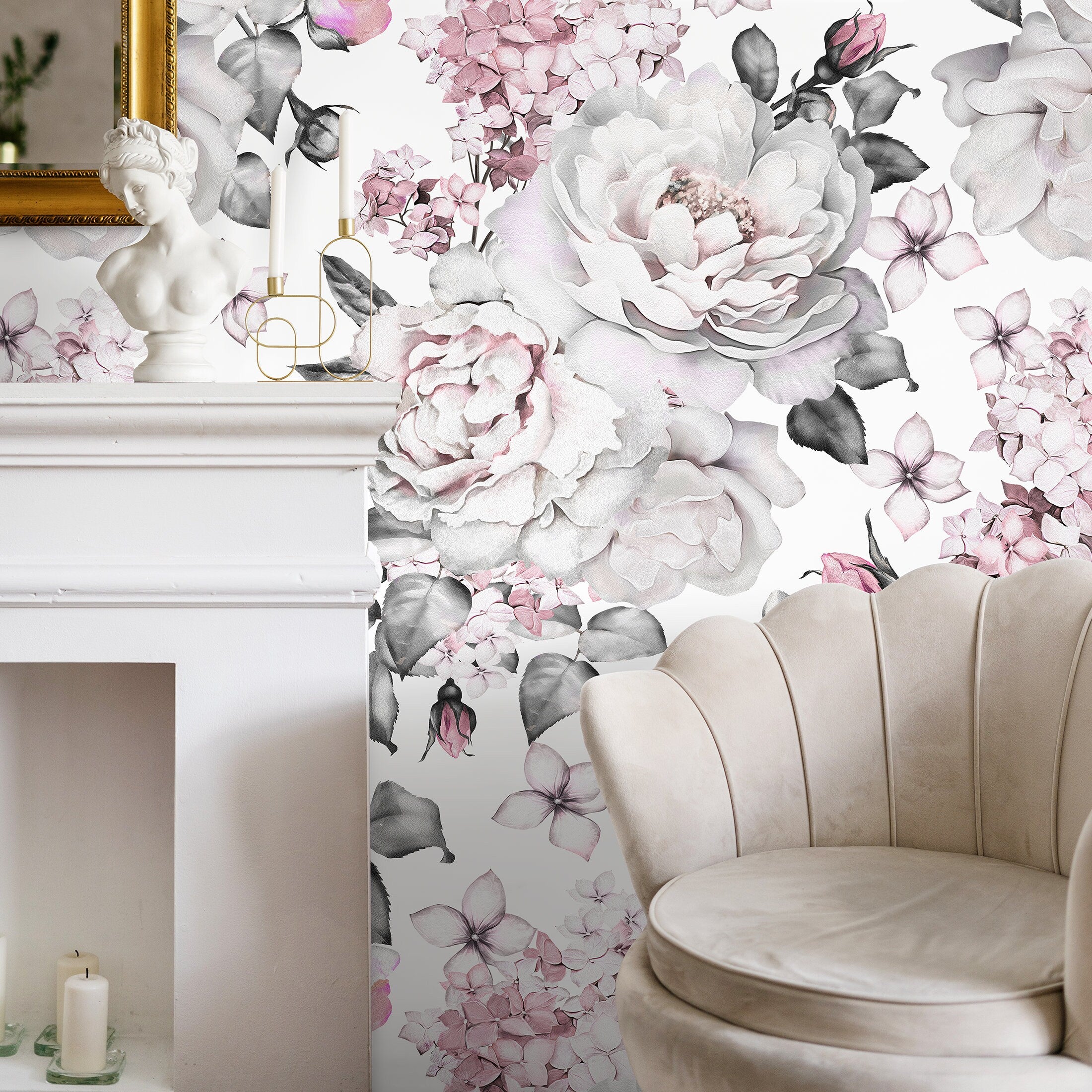 Floral Wallpaper Featuring Vintage Roses And Hydrangeas In Pink And Grey - A547
