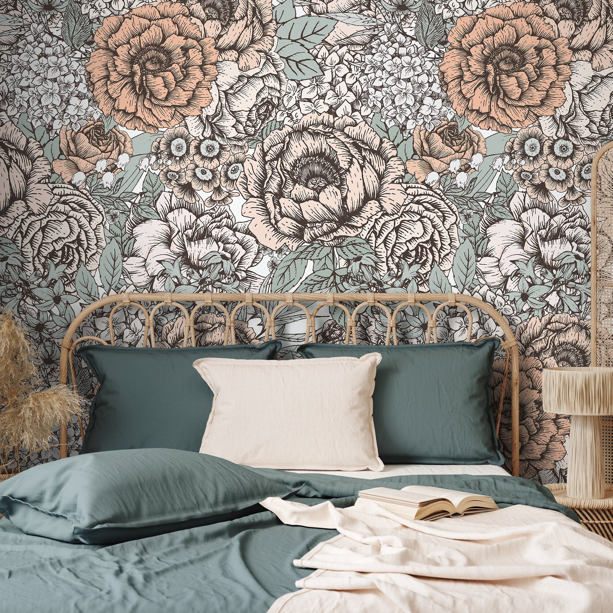 Floral Wallpaper With A Hand-drawn Collage In Blush Pink, Sage Green, And Black - A550