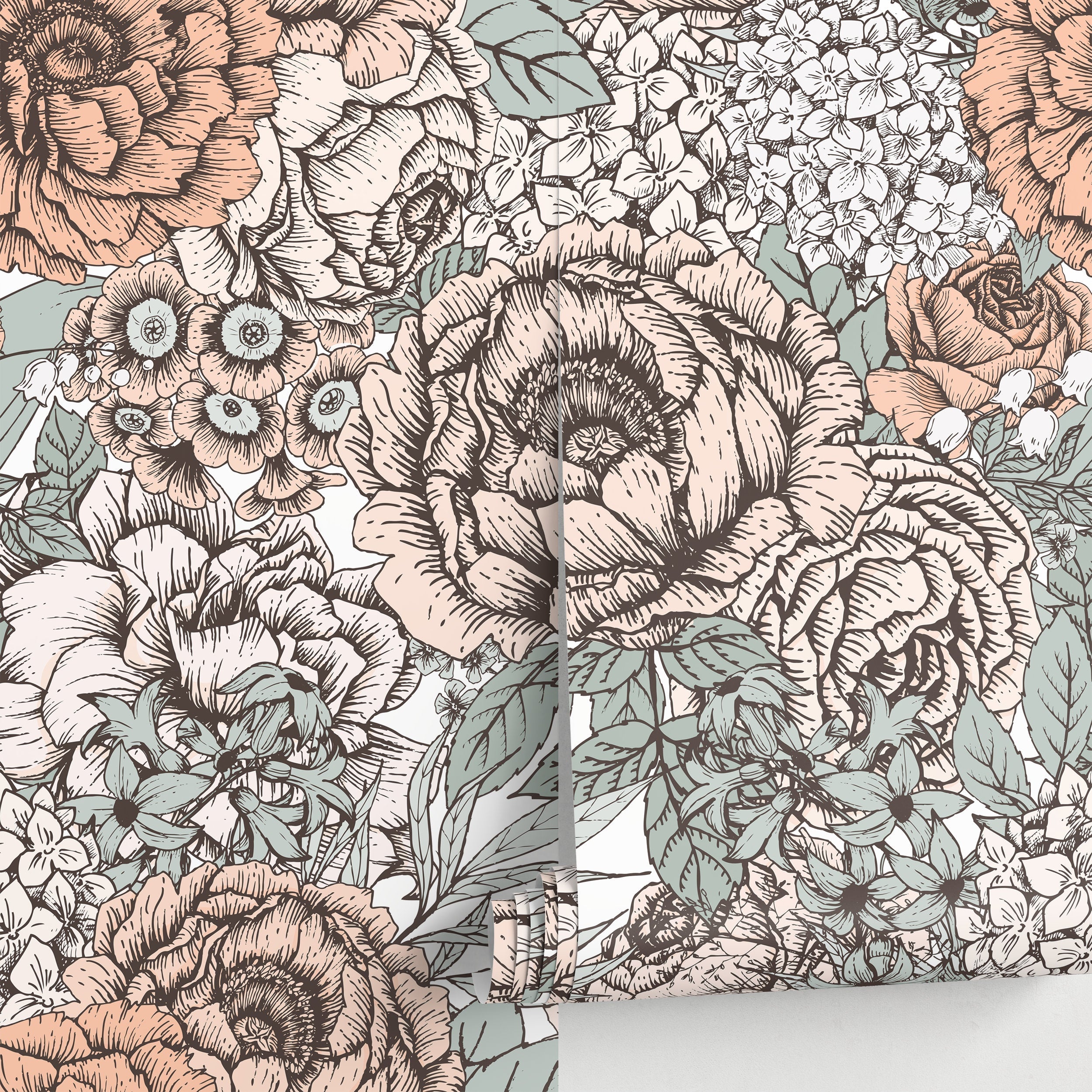Floral Wallpaper With A Hand-drawn Collage In Blush Pink, Sage Green, And Black - A550