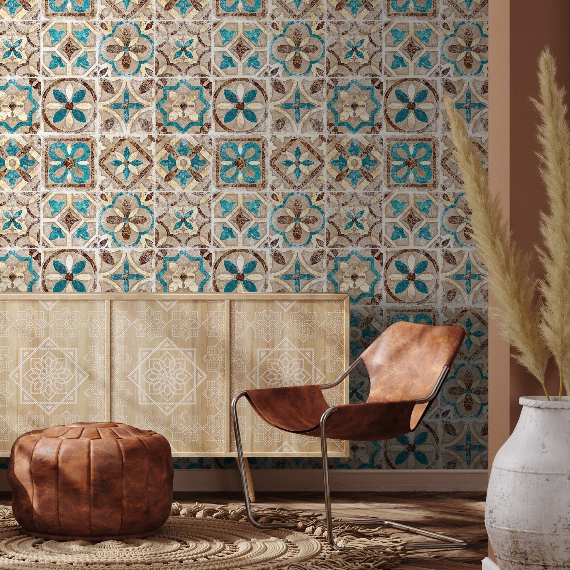 Tile Wallpaper With A Portuguese Motif In Teal, Brown, And Beige - A552