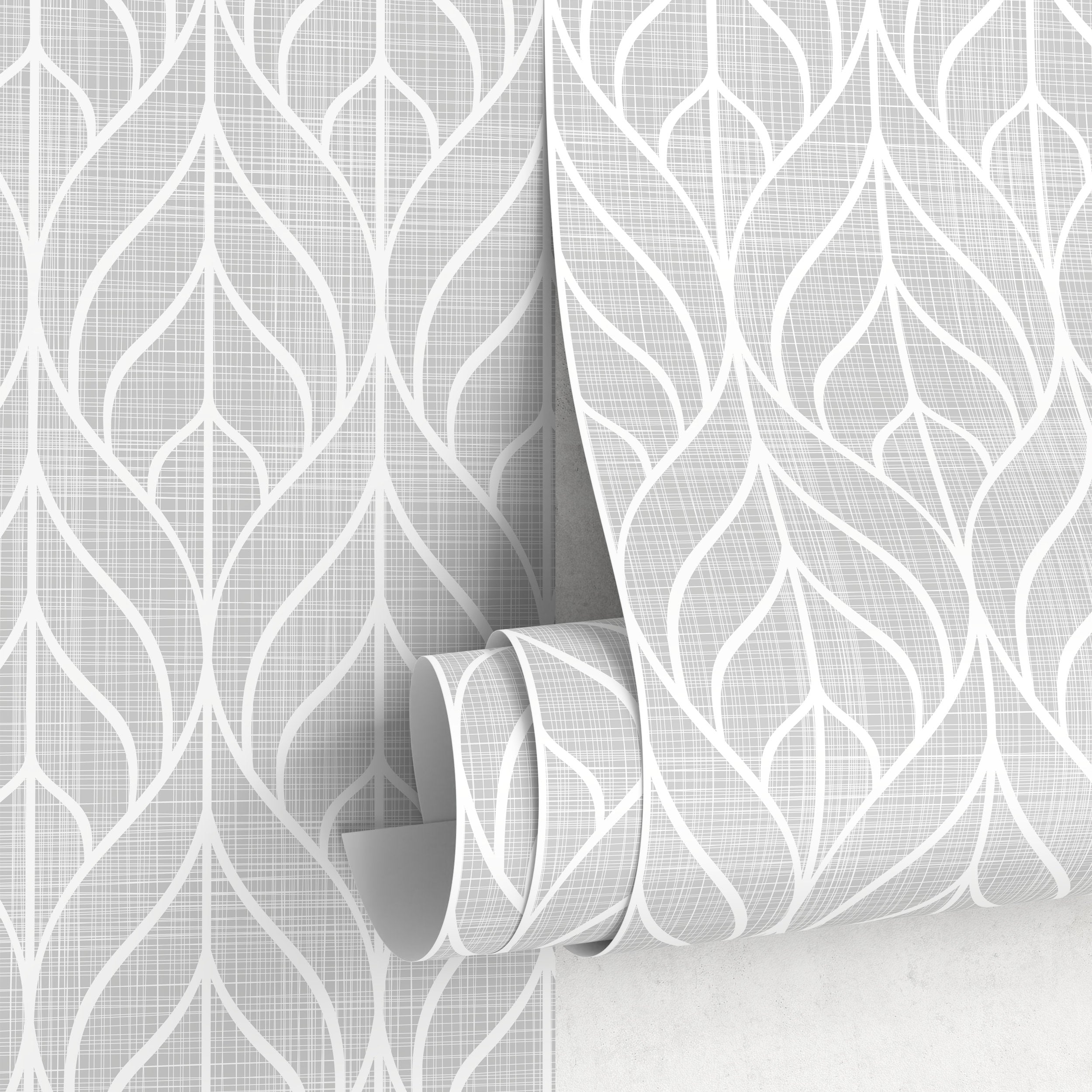 Geometric Wallpaper With A Stylized Leaf Motif In Gray And White - A553