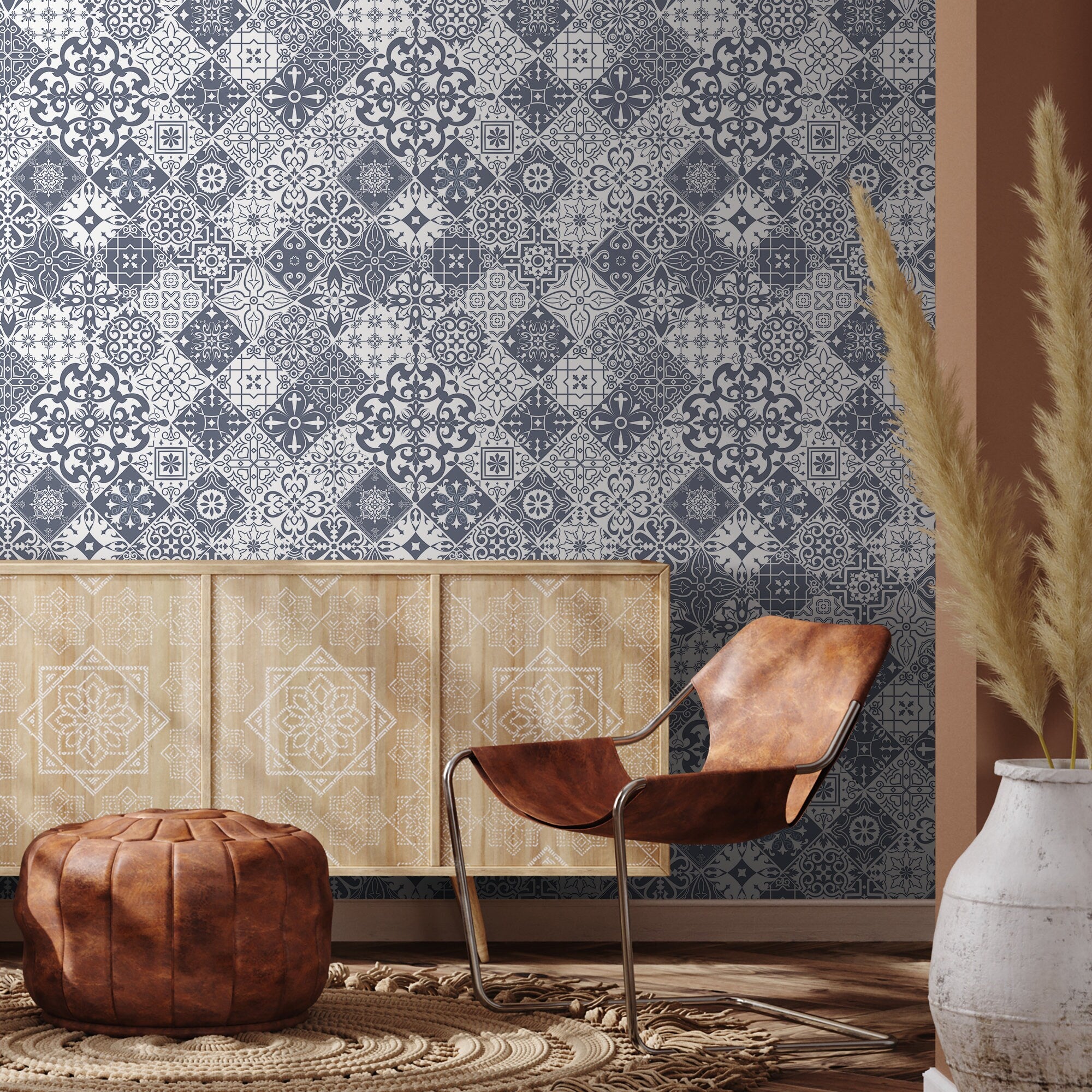 Tile Wallpaper With A Portuguese Azulejos Motif In Slate Blue - A555