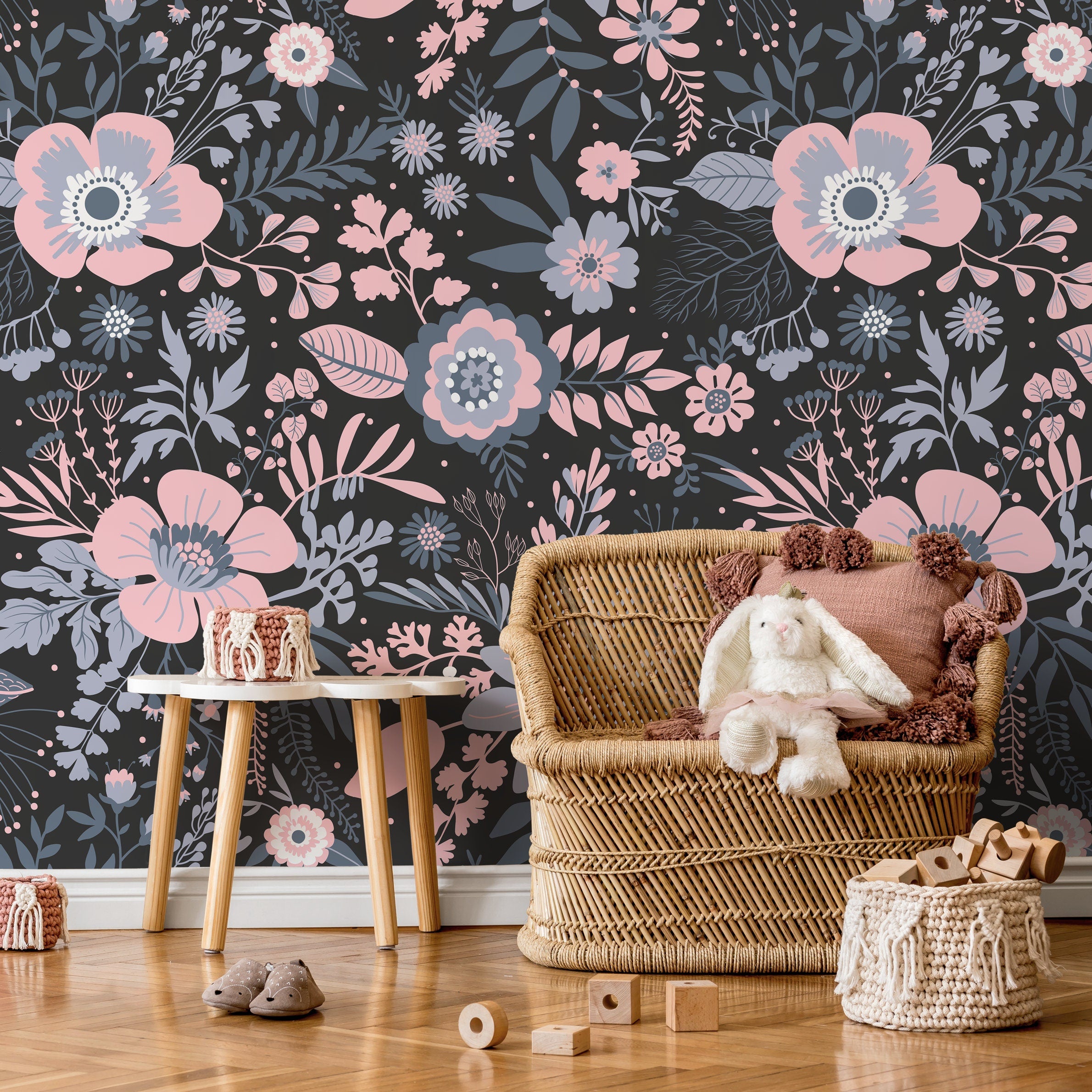 Floral Wallpaper With A Stylized Folk Motif In Pink, Blue, And Black - A560