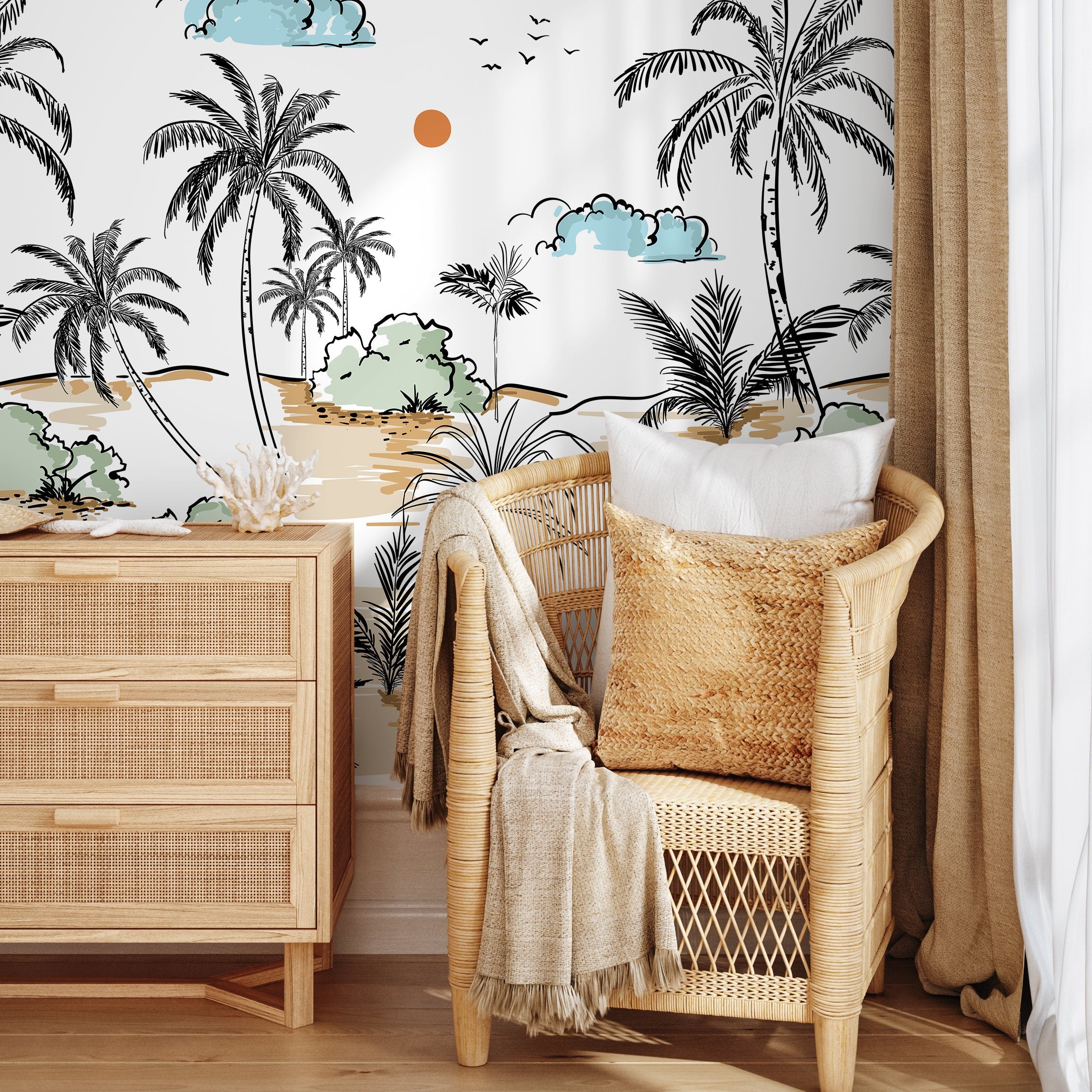 Tropical Wallpaper With A Hand-drawn Palm Tree Scene In Black, Beige, And Green - A570