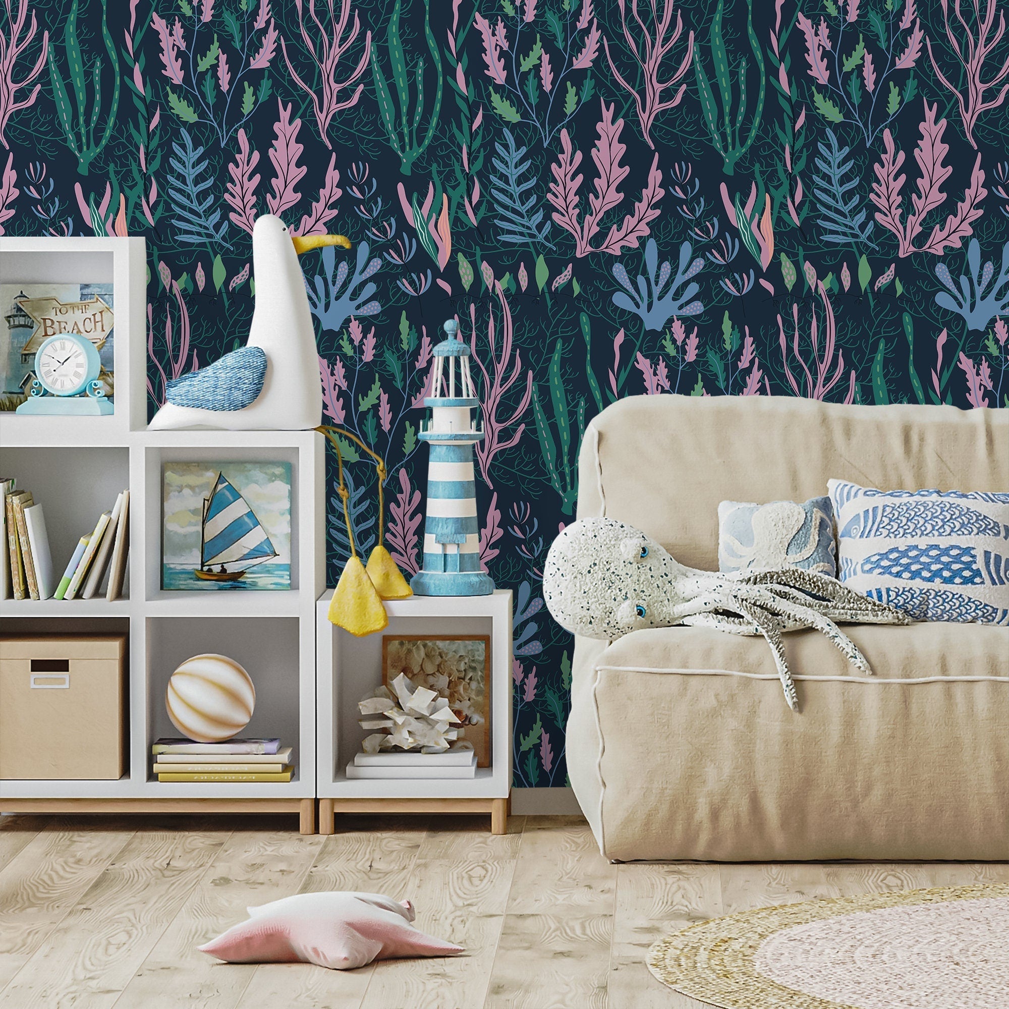 Coastal Wallpaper With A Stylized Seaweed Motif In Navy, Pink, And Green - A575