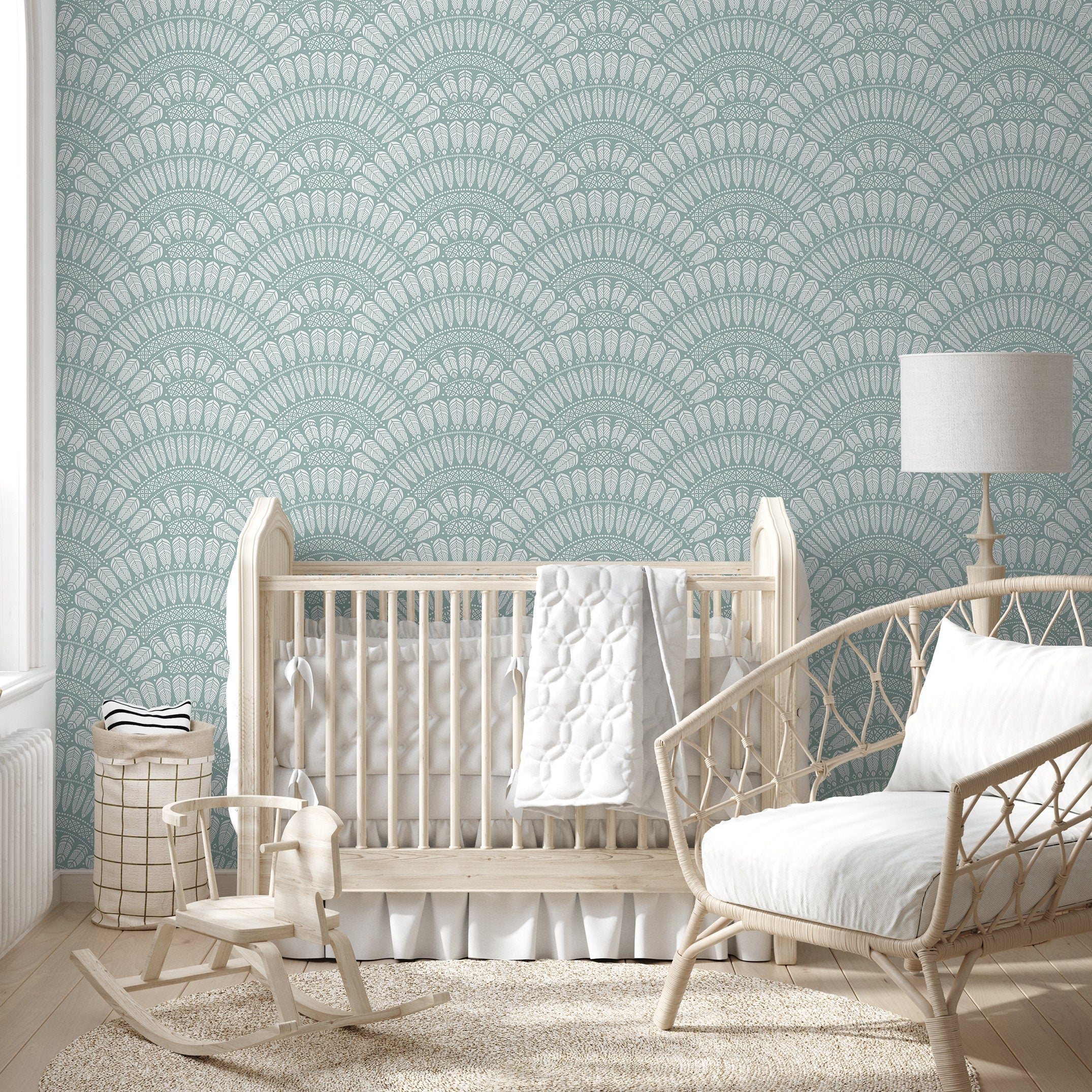 Art Deco Wallpaper With A Scalloped Feather Motif In Sage Green And White - A577