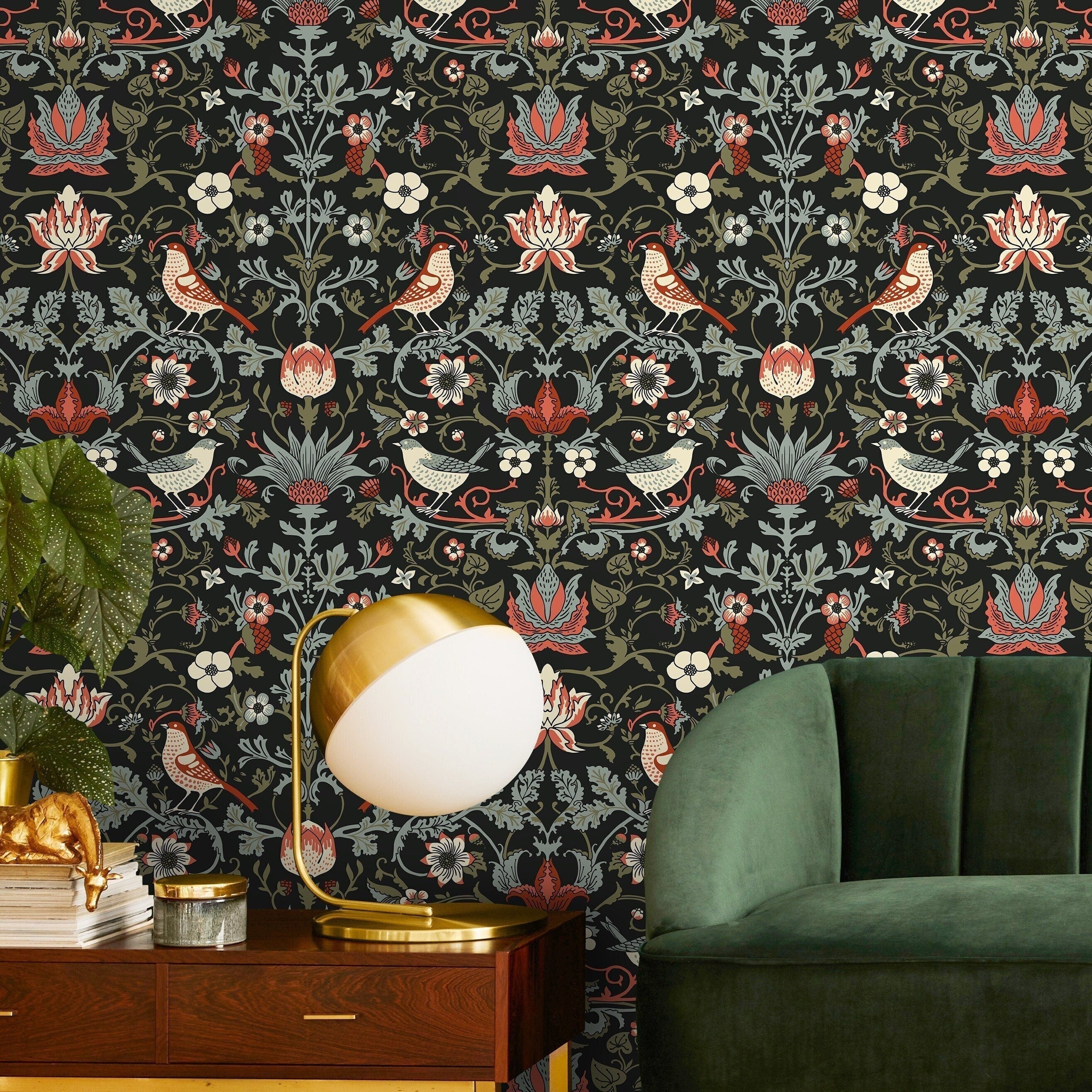 Art Nouveau Wallpaper With Birds And Florals In Red, Green, And Black - A578