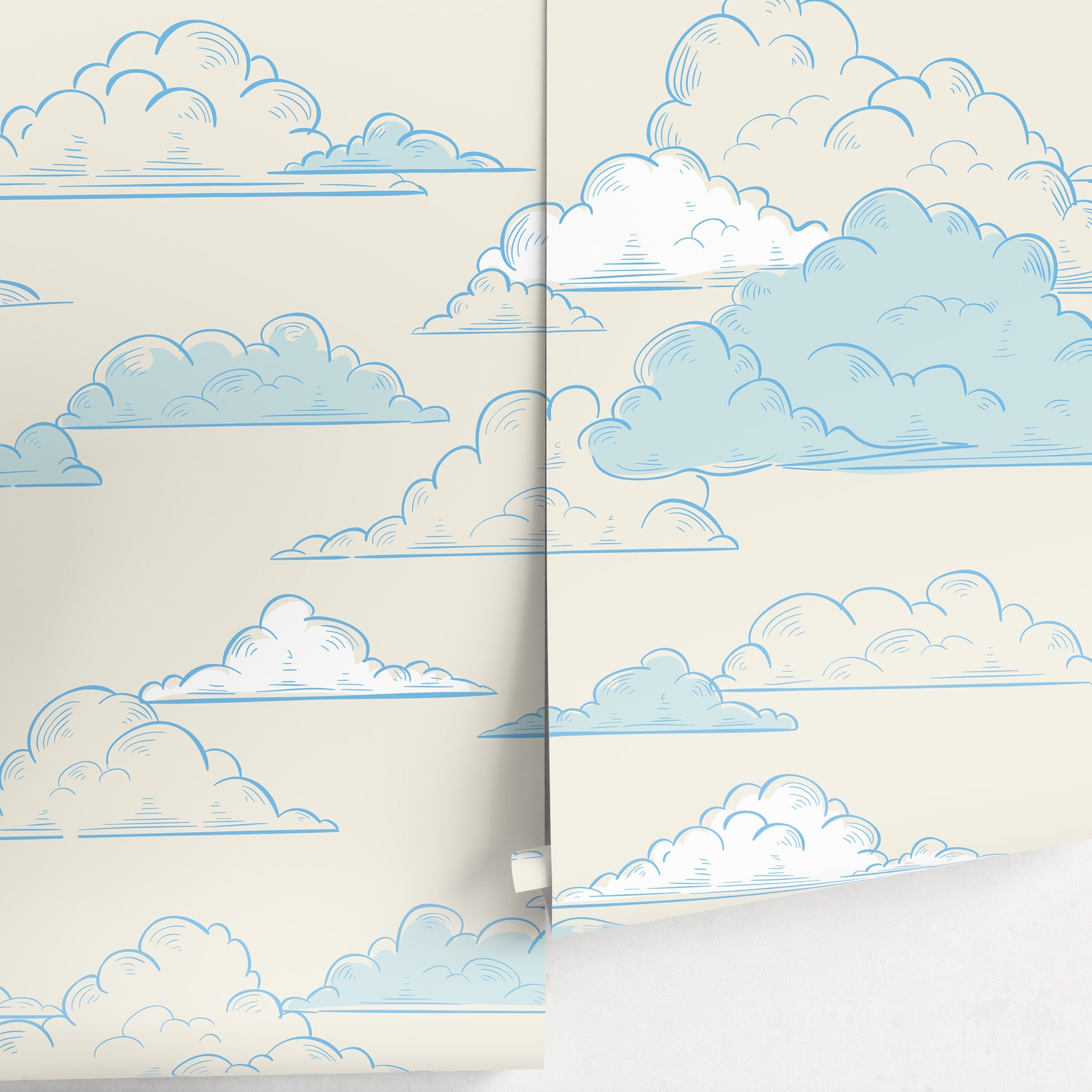 Clouds Wallpaper With A Hand-drawn Motif In Blue And Beige - A579