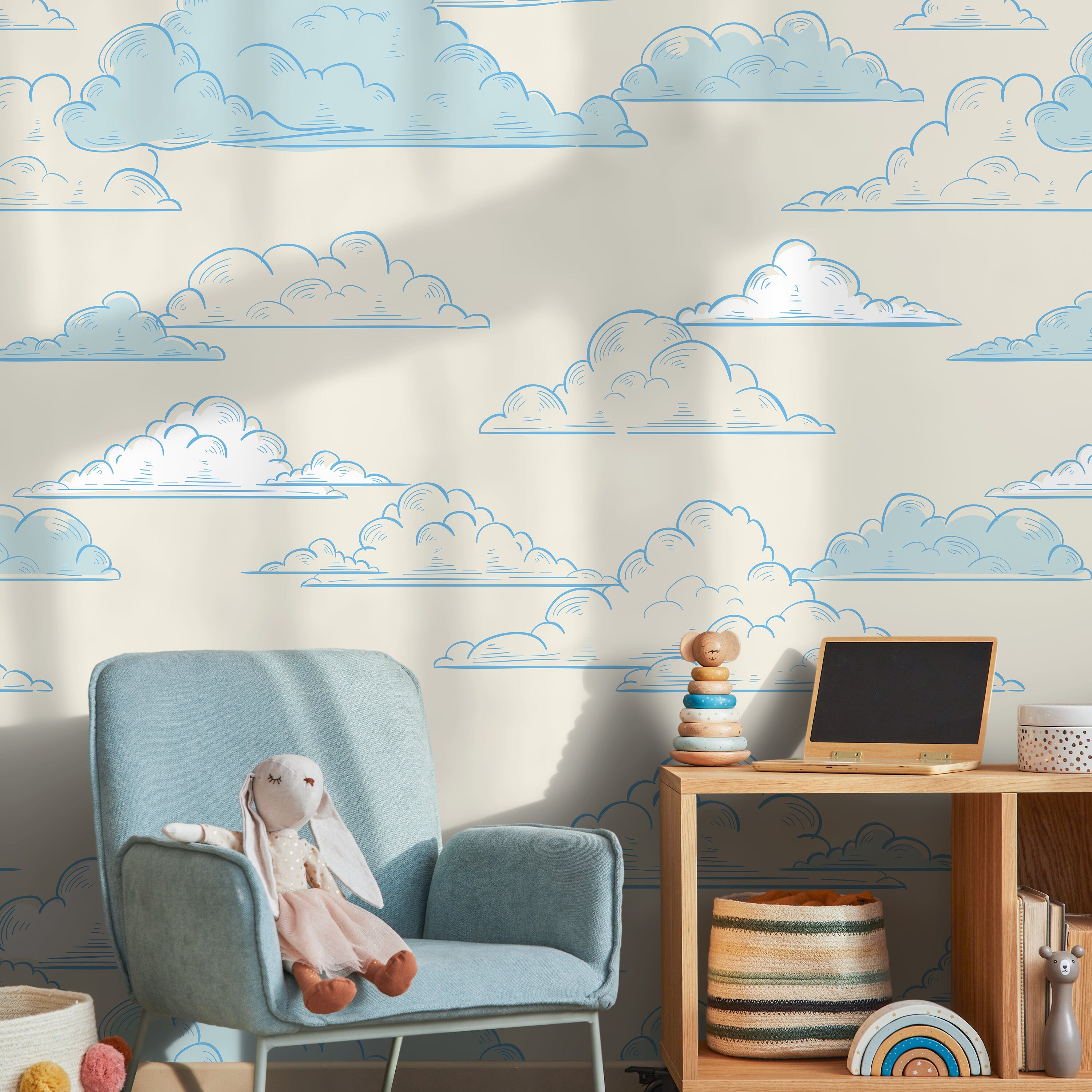 Clouds Wallpaper With A Hand-drawn Motif In Blue And Beige - A579